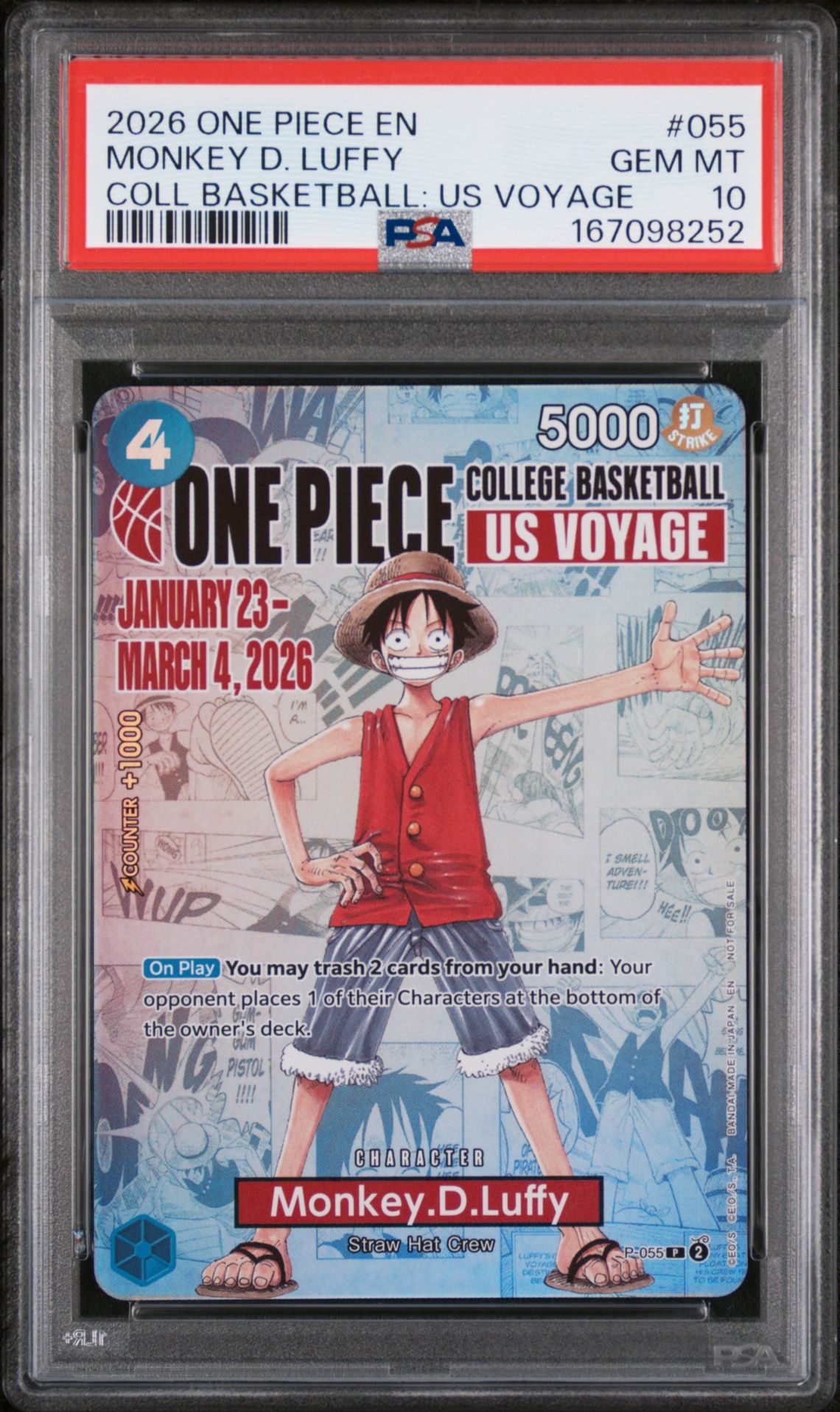2026 One Piece Promos Monkey D. Luffy #055 (Coll Basketball: Us Voyage) Gem Mt 10 front view - PSA graded GEM MT 10