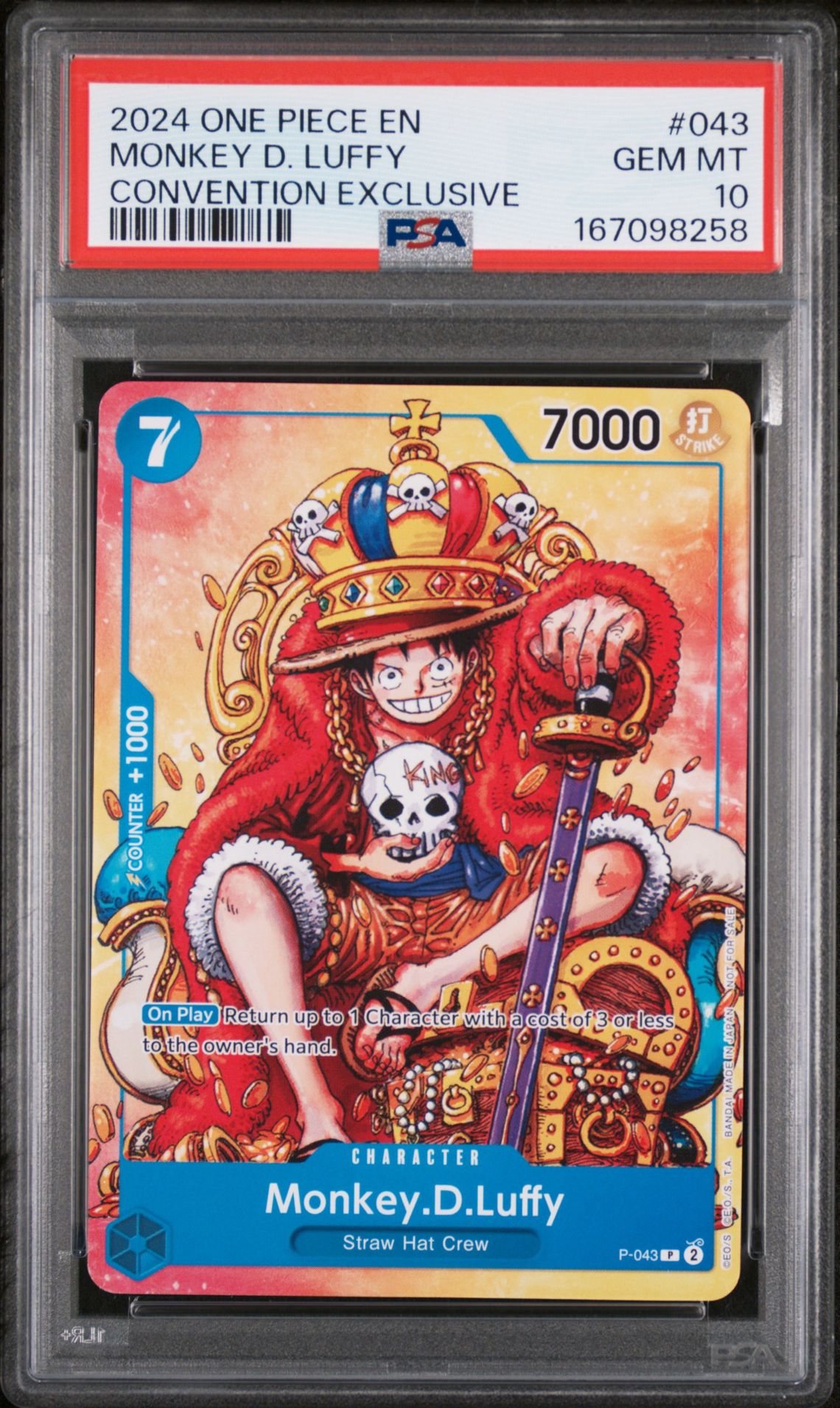 2024 One Piece Promos Monkey D. Luffy #043 (Convention Exclusive) Gem Mt 10 front view - PSA graded GEM MT 10