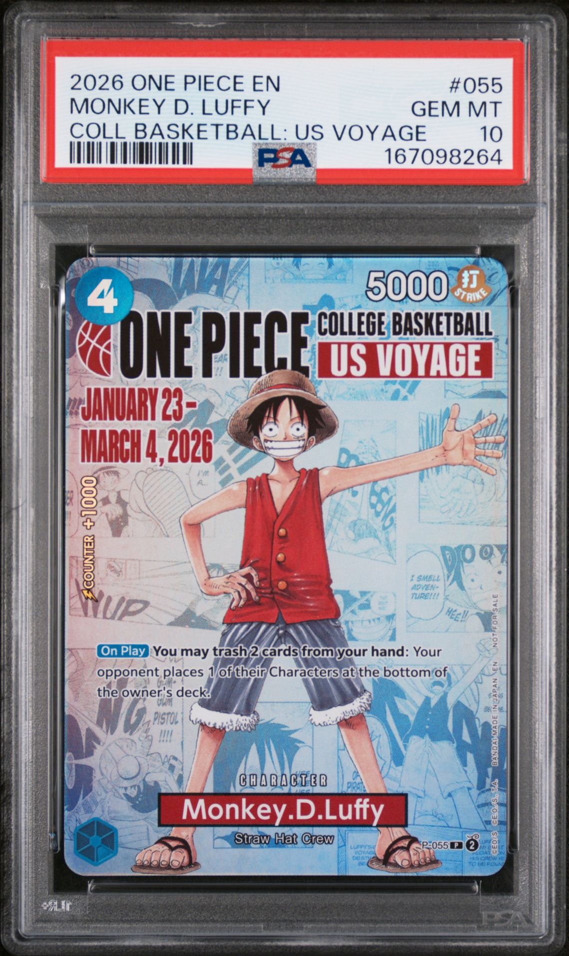 2026 One Piece Promos Monkey D. Luffy #055 (Coll Basketball: Us Voyage) Gem Mt 10 front view - PSA graded GEM MT 10