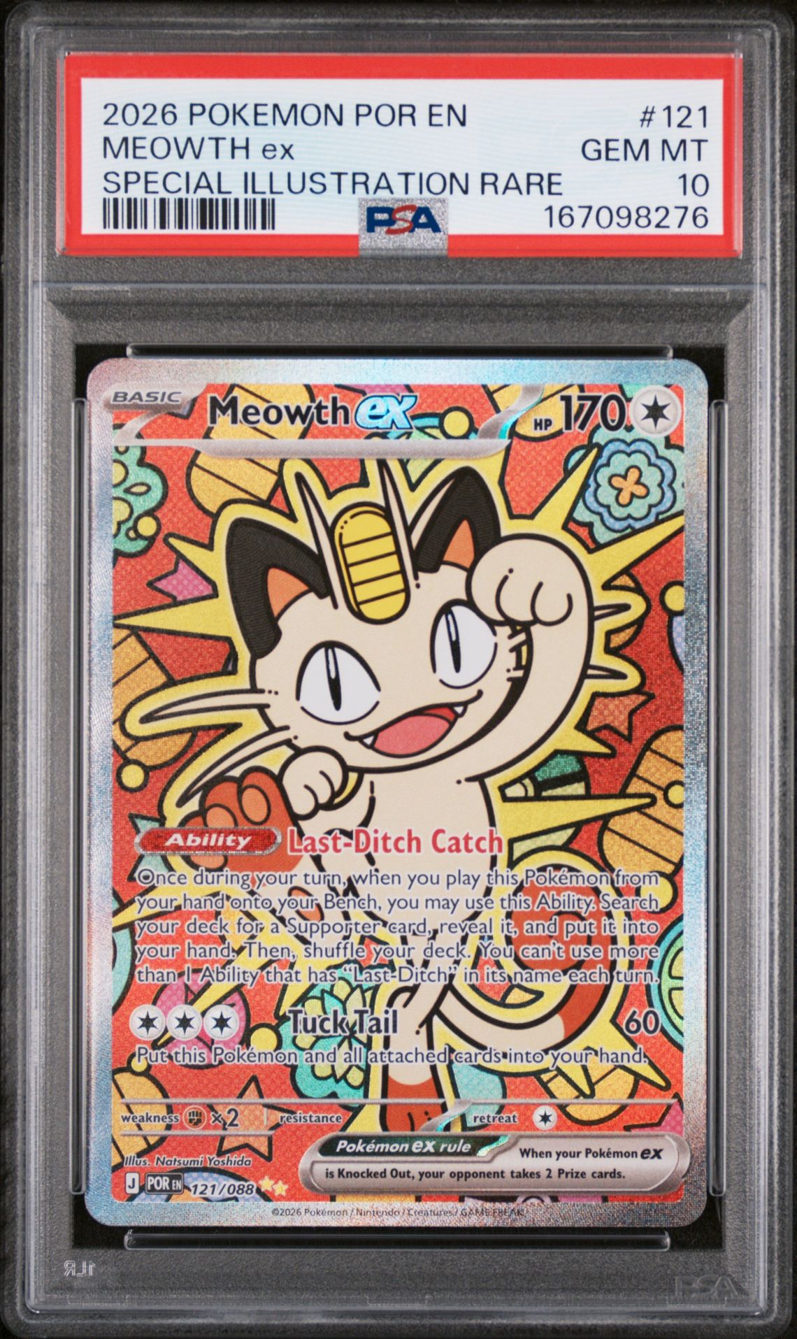 2026 Pokemon Por En-Perfect Order Meowth Ex #121 (Special Illustration Rare) Gem Mt 10 front view - PSA graded GEM MT 10