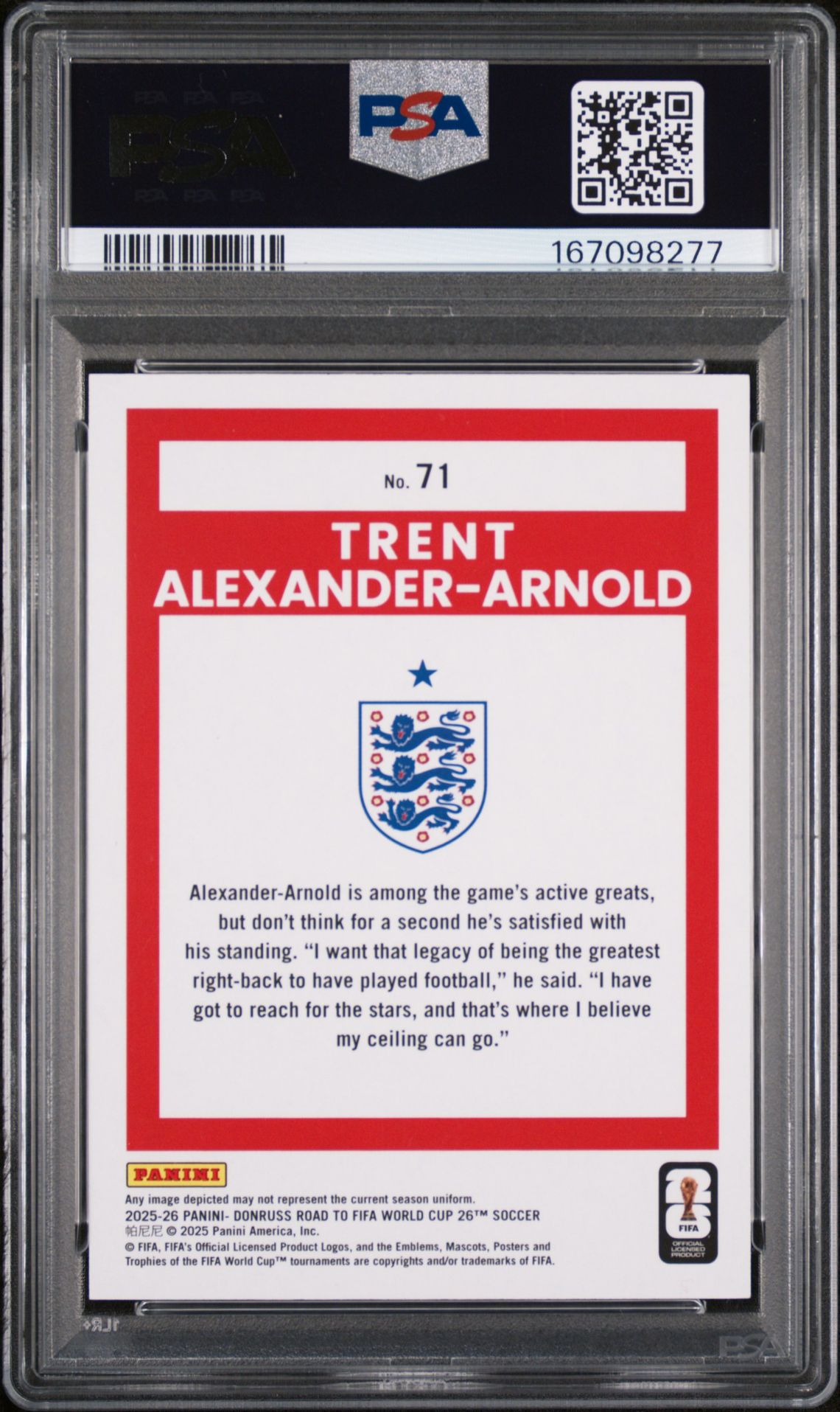 2025-2026 Panini Donruss Road To Fifa World Cup '26 T. Alexander-Arnold #71 (Red Cubic) Gem Mt 10 back view - PSA certificate #167098277