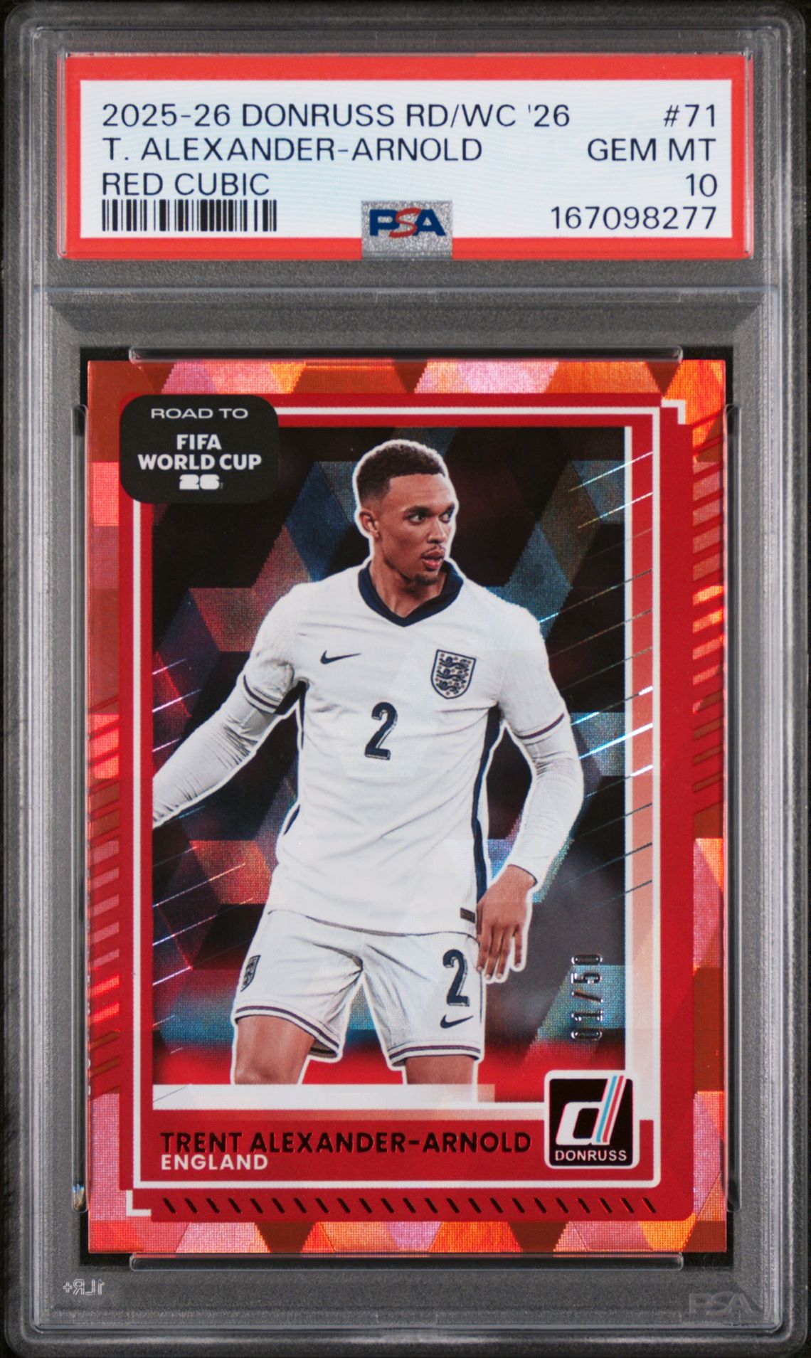 2025-2026 Panini Donruss Road To Fifa World Cup '26 T. Alexander-Arnold #71 (Red Cubic) Gem Mt 10 front view - PSA graded GEM MT 10