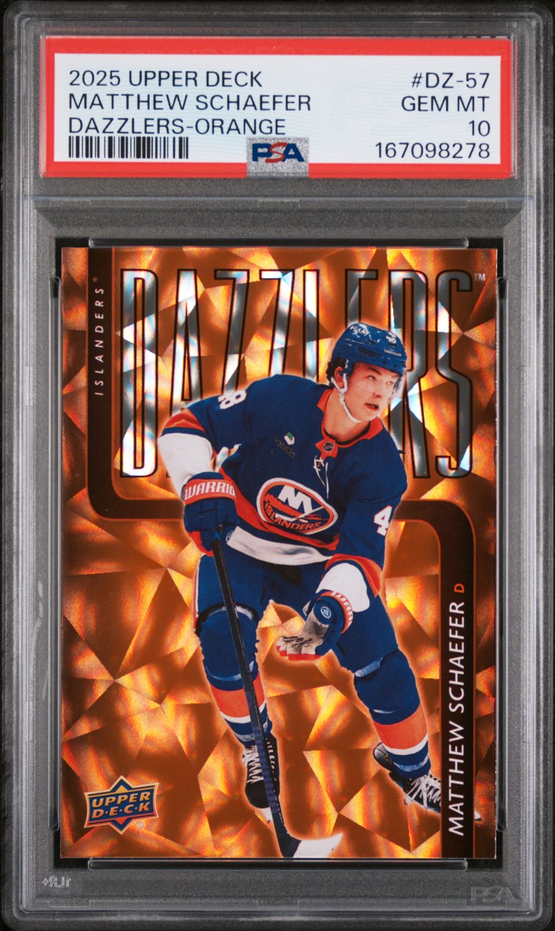 2025 UPPER DECK DAZZLERS MATTHEW SCHAEFER DAZZLERS-ORANGE DZ-57 GEM MT 10 front