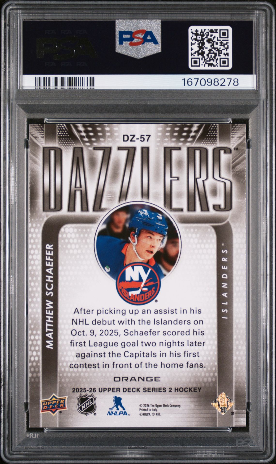 2025 UPPER DECK DAZZLERS MATTHEW SCHAEFER DAZZLERS-ORANGE DZ-57 GEM MT 10 back