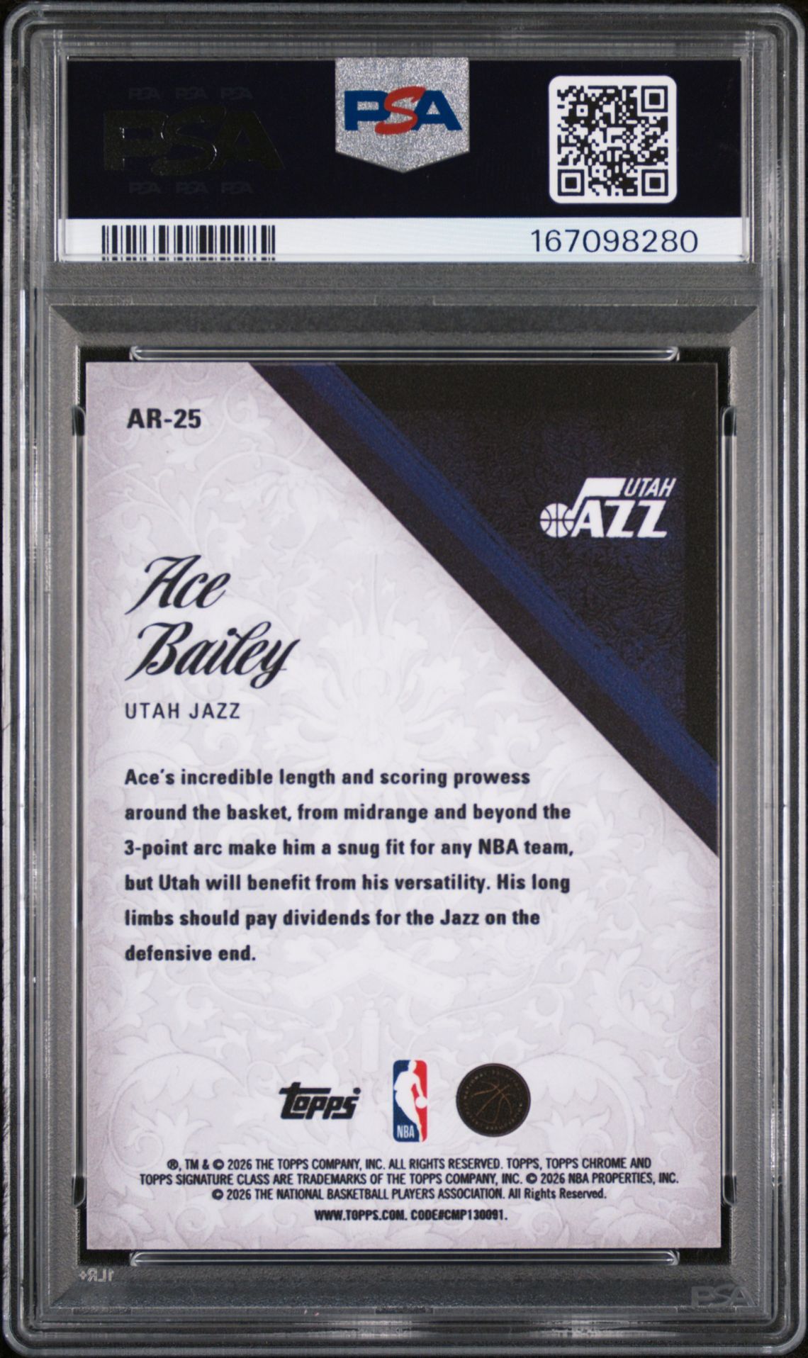 2025 Topps Signature Class Aristocrats Ace Bailey #Ar-25 Gem Mt 10 back view - PSA certificate #167098280