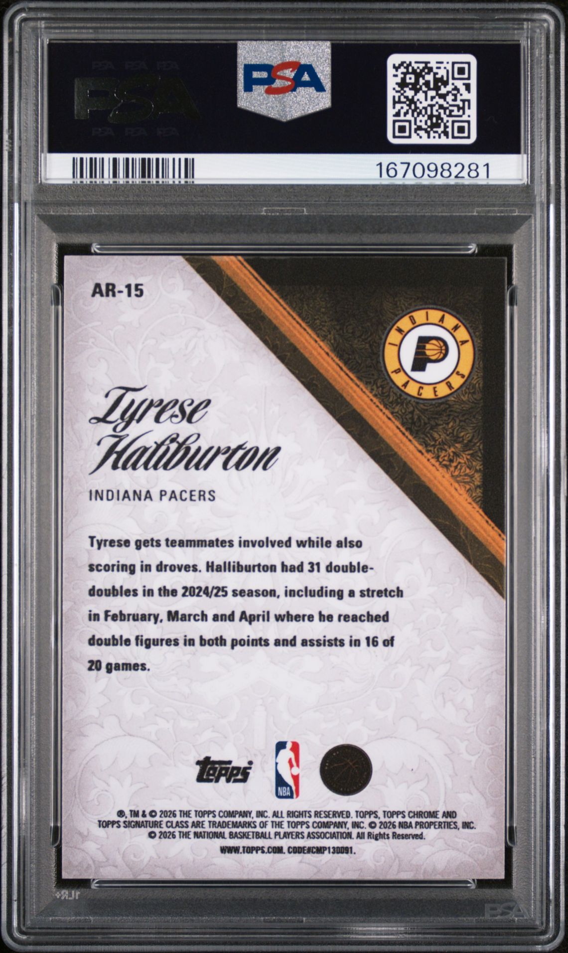 2025 Topps Signature Class Aristocrats Tyrese Haliburton #Ar-15 Gem Mt 10 back