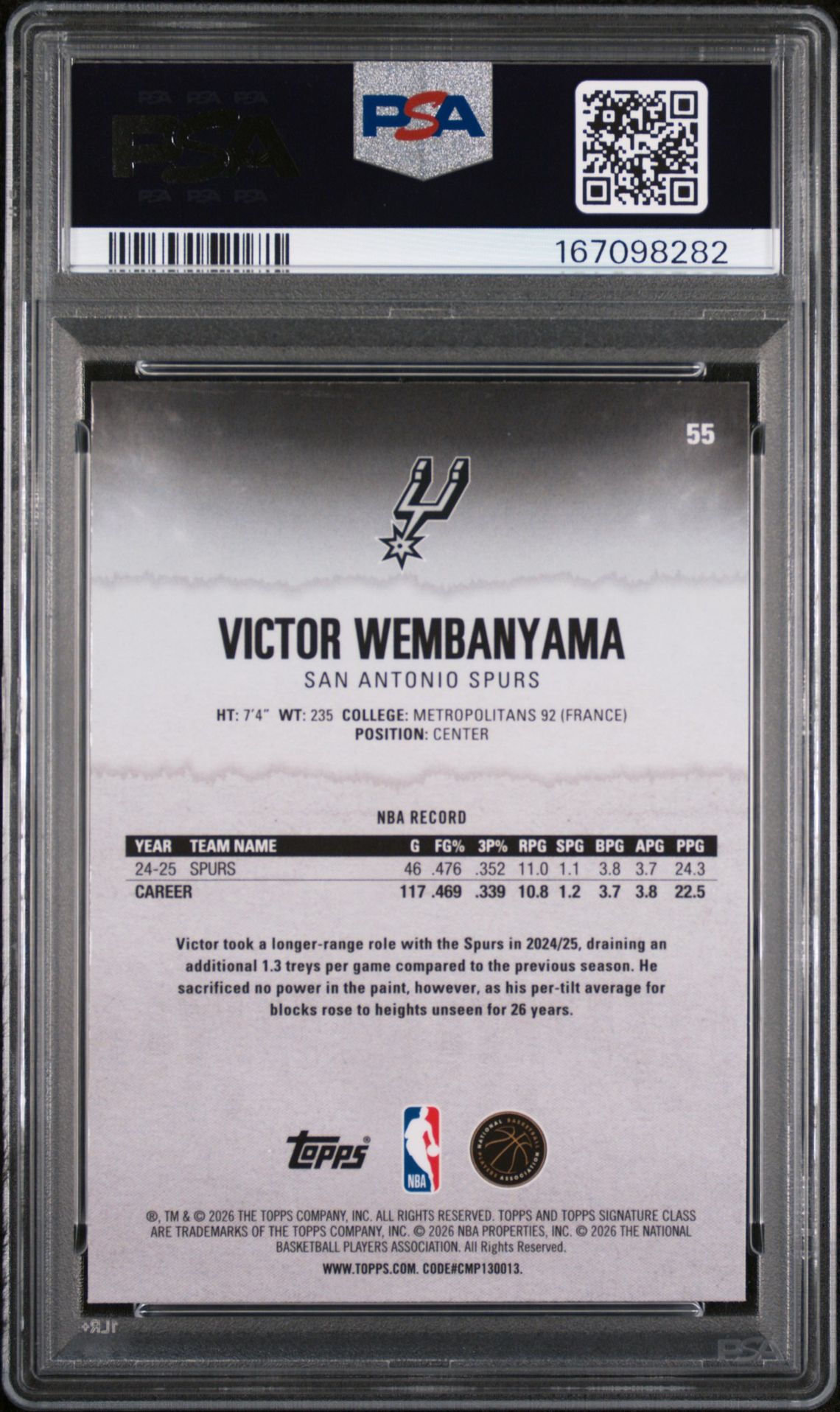 2025 Topps Signature Class Victor Wembanyama #55 (Chrome-Pandora) Gem Mt 10 back