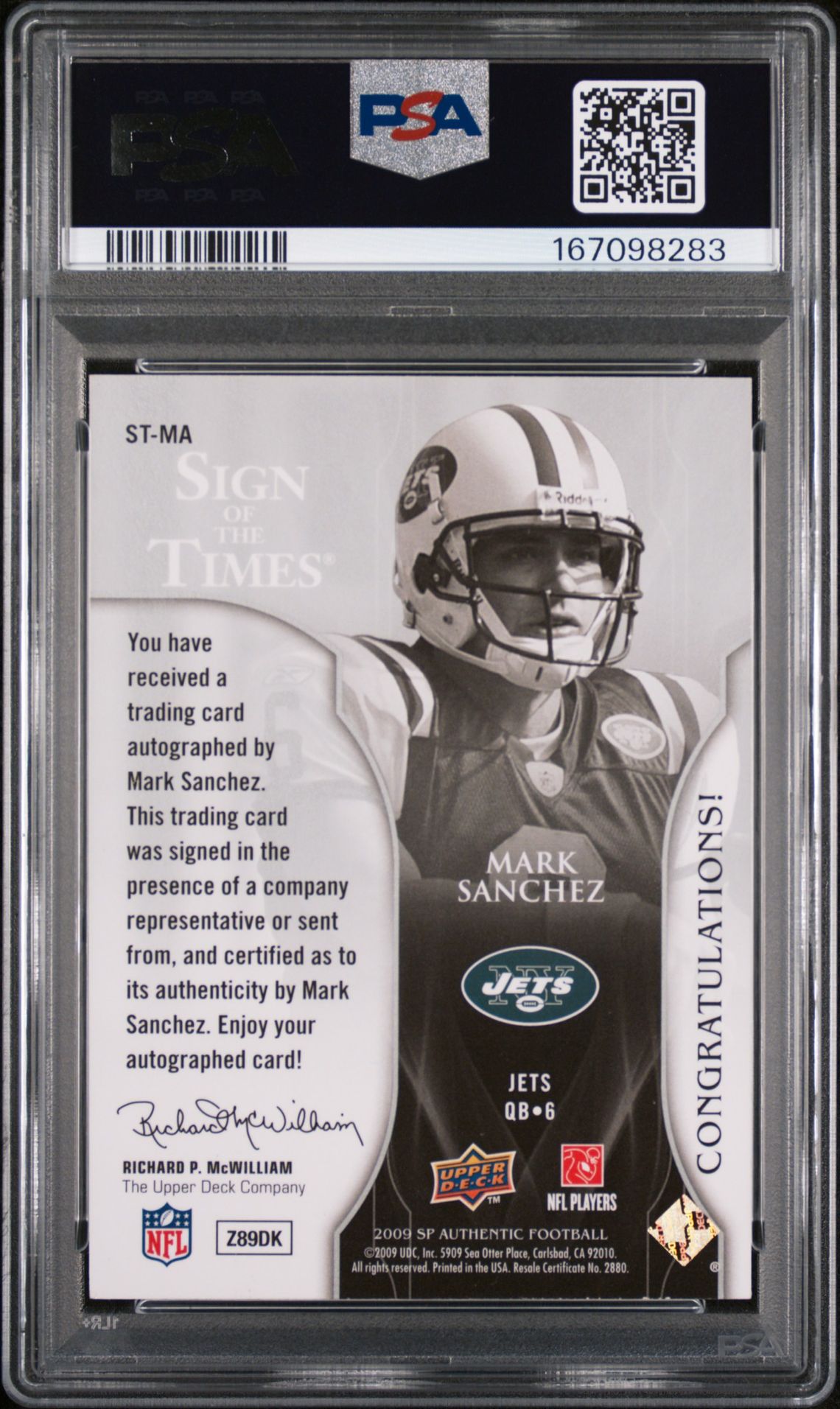 2009 Sp Authentic Sign Of The Times Mark Sanchez #St-Ma (Sign Of The Times) Mint 9 back