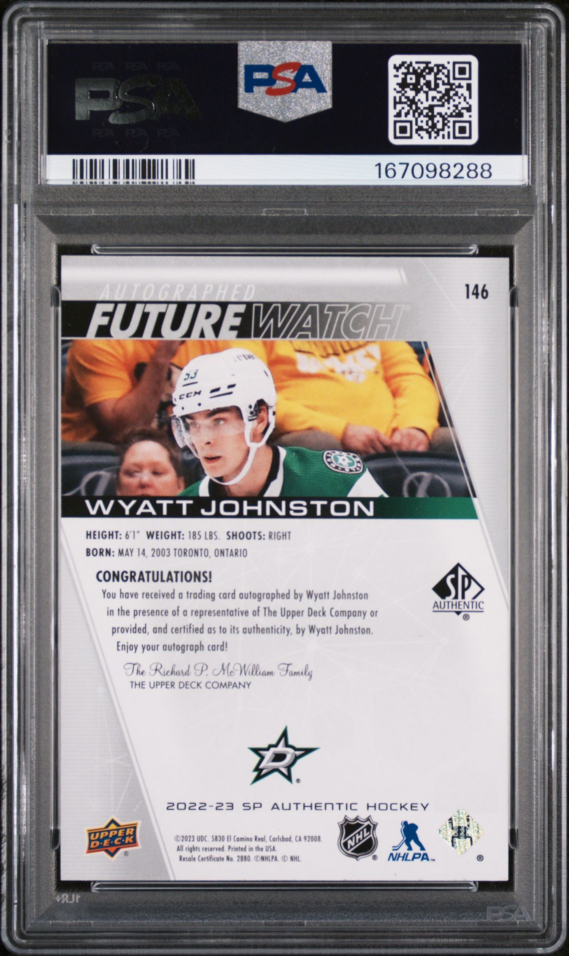 2022 Sp Authentic Wyatt Johnston #146 (Autograph) Mint 9 back
