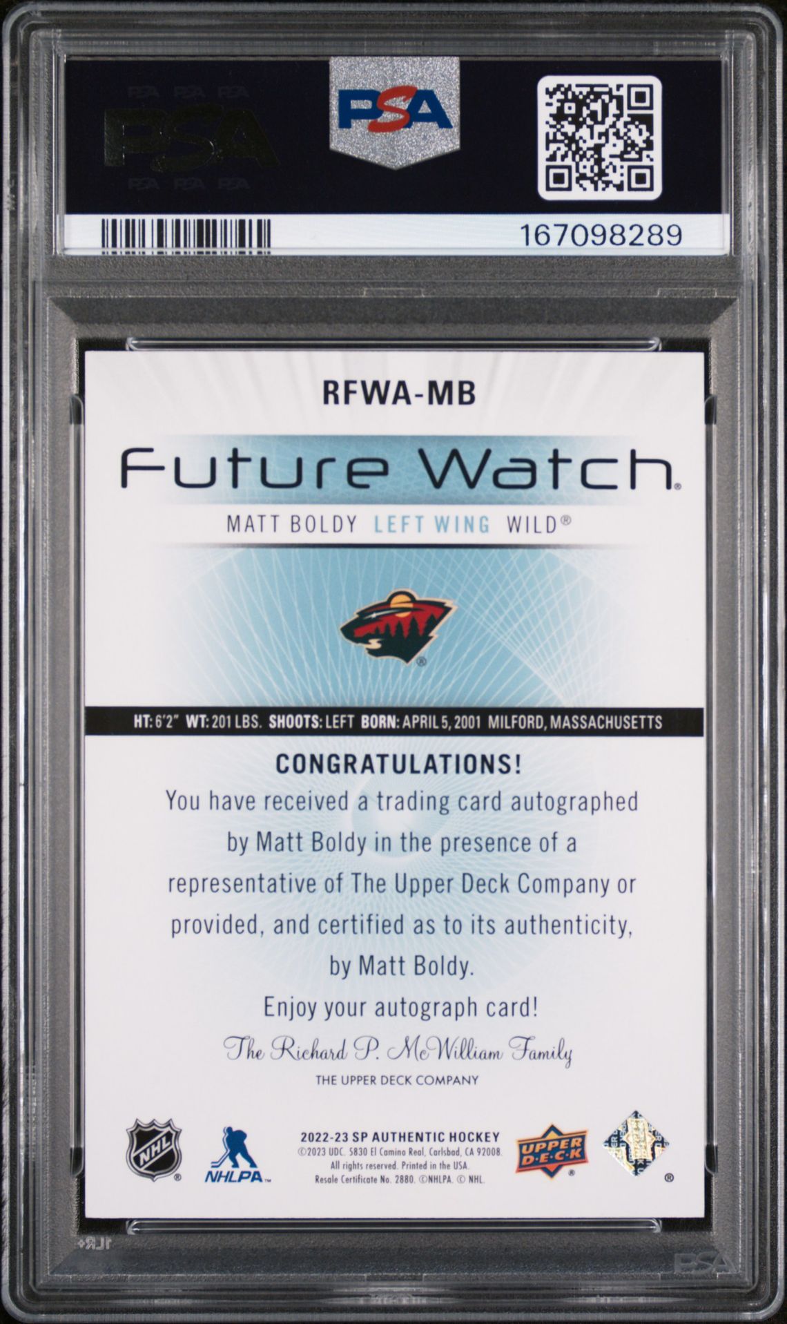 2022 Sp Authentic 2012-2013 Retro Autograph Future Watch Matt Boldy #Rfwamb Mint 9 back