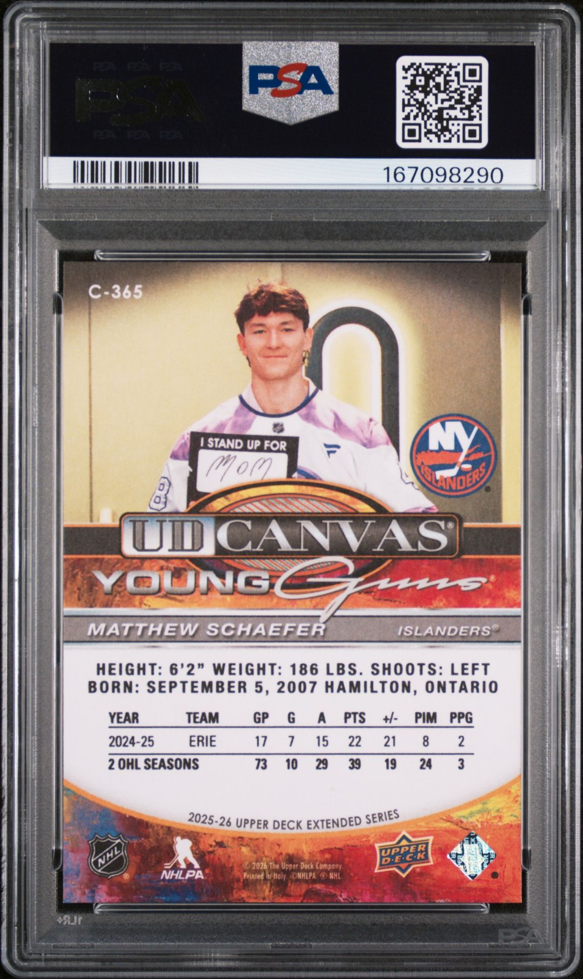 2025 Upper Deck Ud Canvas Matthew Schaefer #C-365 Gem Mt 10 back view - PSA certificate #167098290