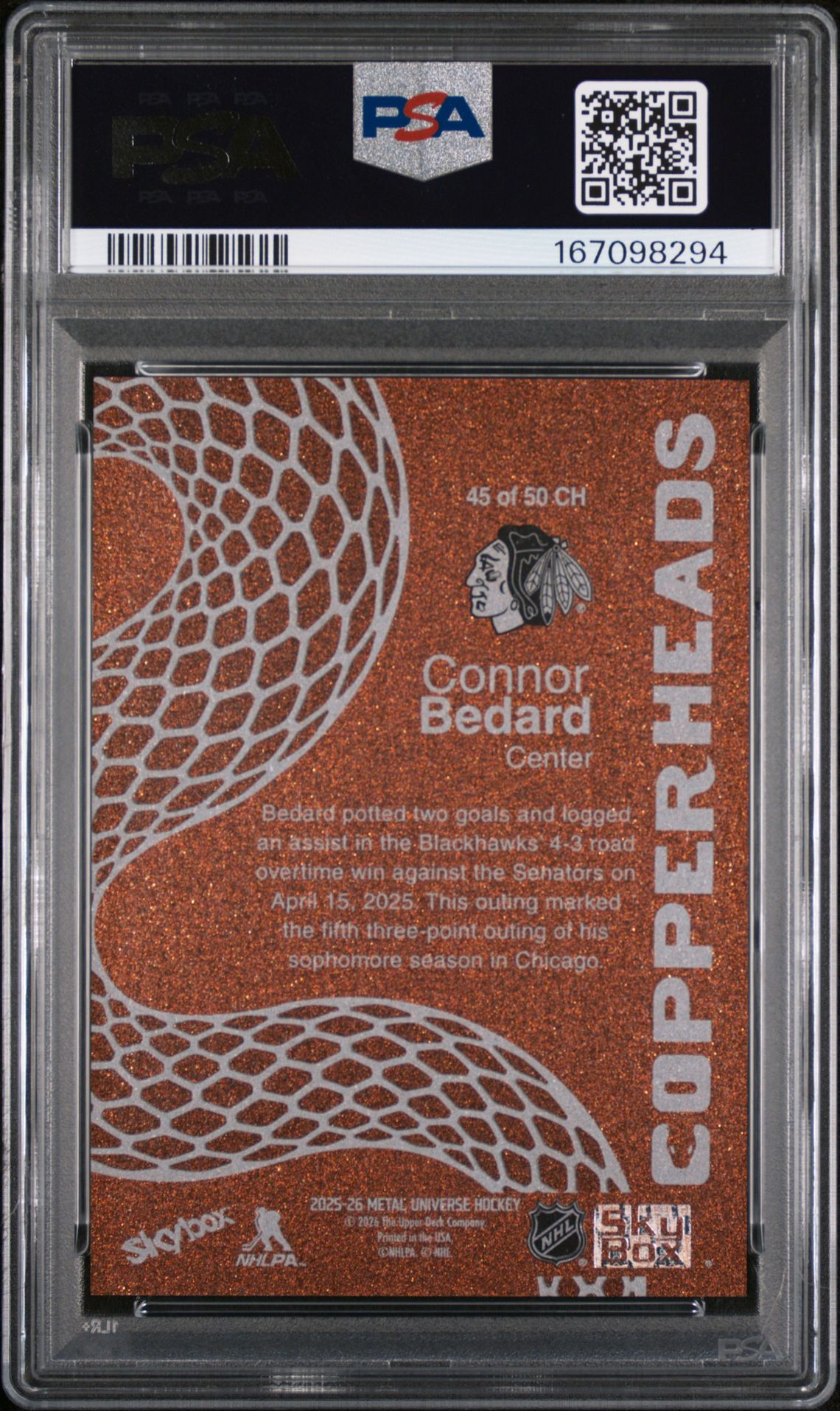 2025-26 Skybox Metal Universe Copperheads Connor Bedard #45 Gem Mt 10 back view - PSA certificate #167098294