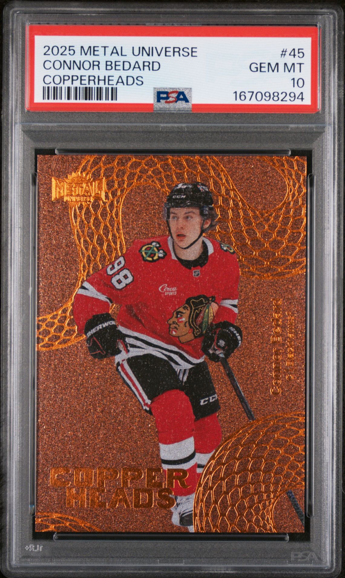 2025-26 Skybox Metal Universe Copperheads Connor Bedard #45 Gem Mt 10 front view - PSA graded GEM MT 10