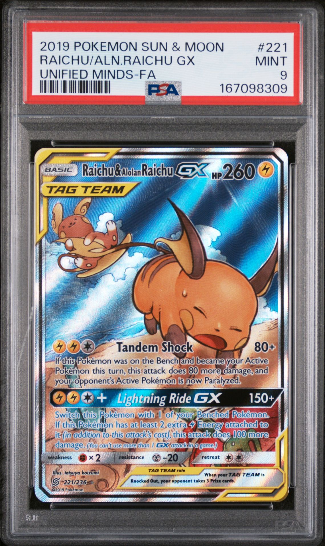 2019 Pokemon Sun & Moon Unified Minds Raichu/Aln.raichu Gx #221 (Unified Minds-Fa) Mint 9 front