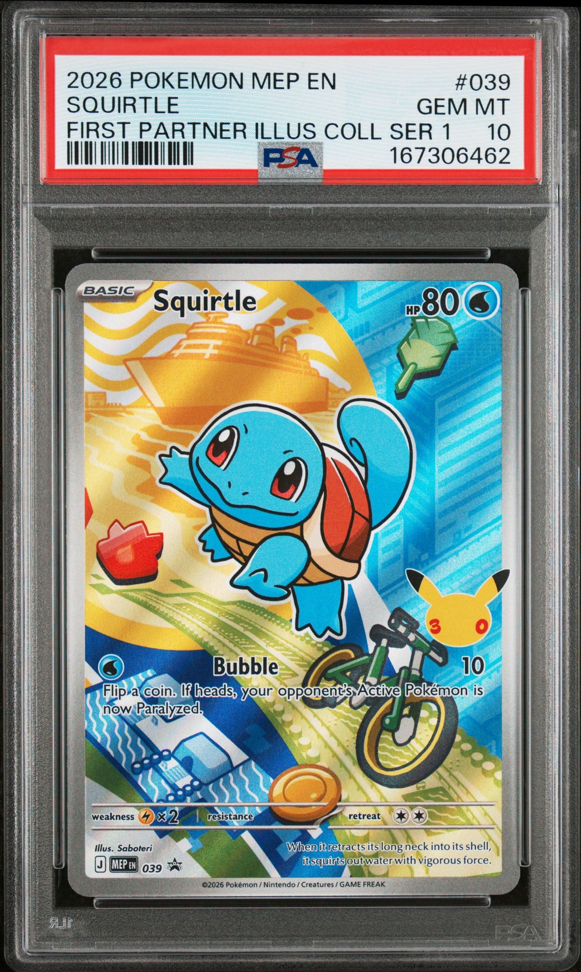 2026 Pokemon Mep En-Me Black Star Promo Squirtle #039 (First Partner Illus Coll Ser 1) Gem Mt 10 front view - PSA graded GEM MT 10