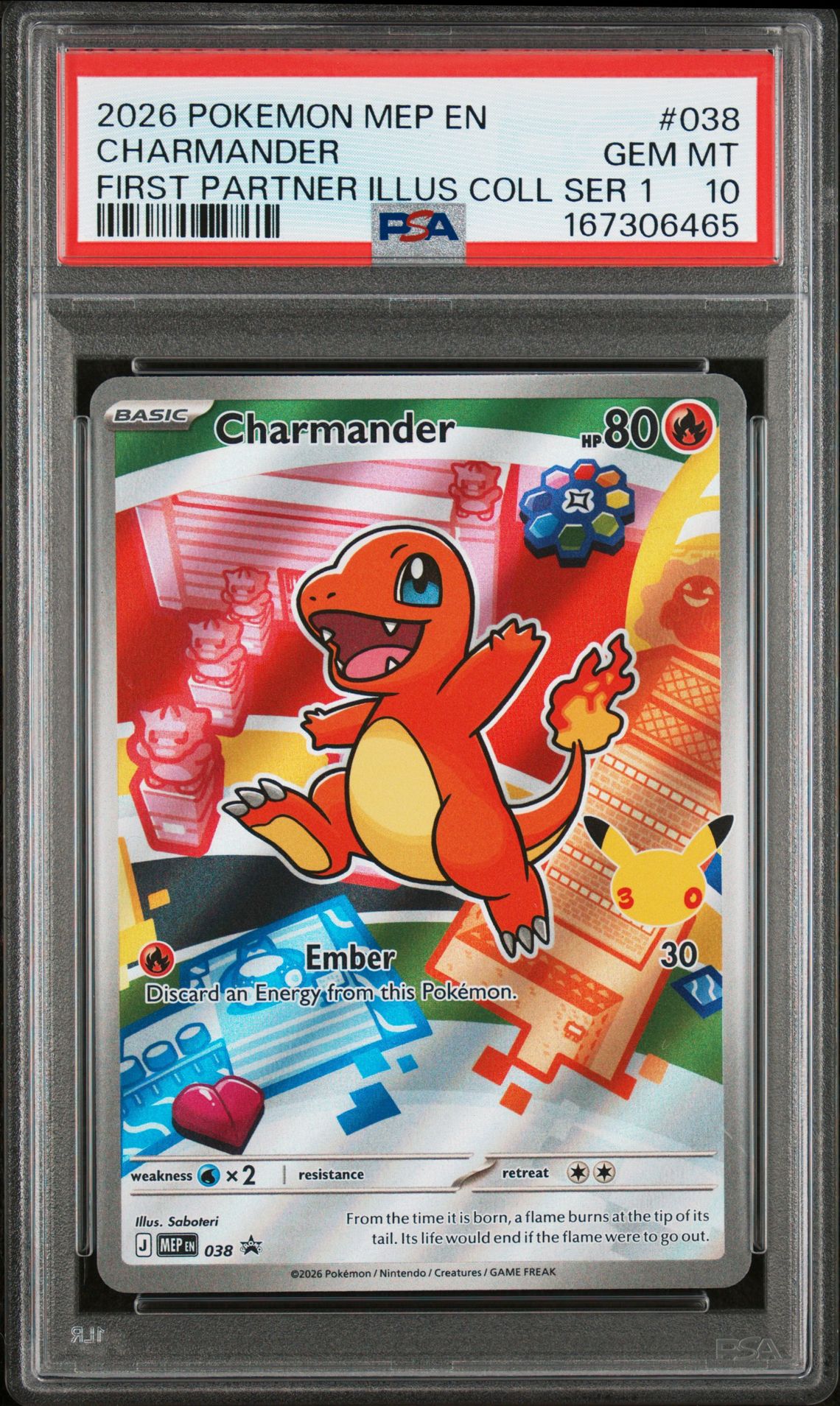2026 Pokemon Mep En-Me Black Star Promo Charmander #038 (First Partner Illus Coll Ser 1) Gem Mt 10 front view - PSA graded GEM MT 10