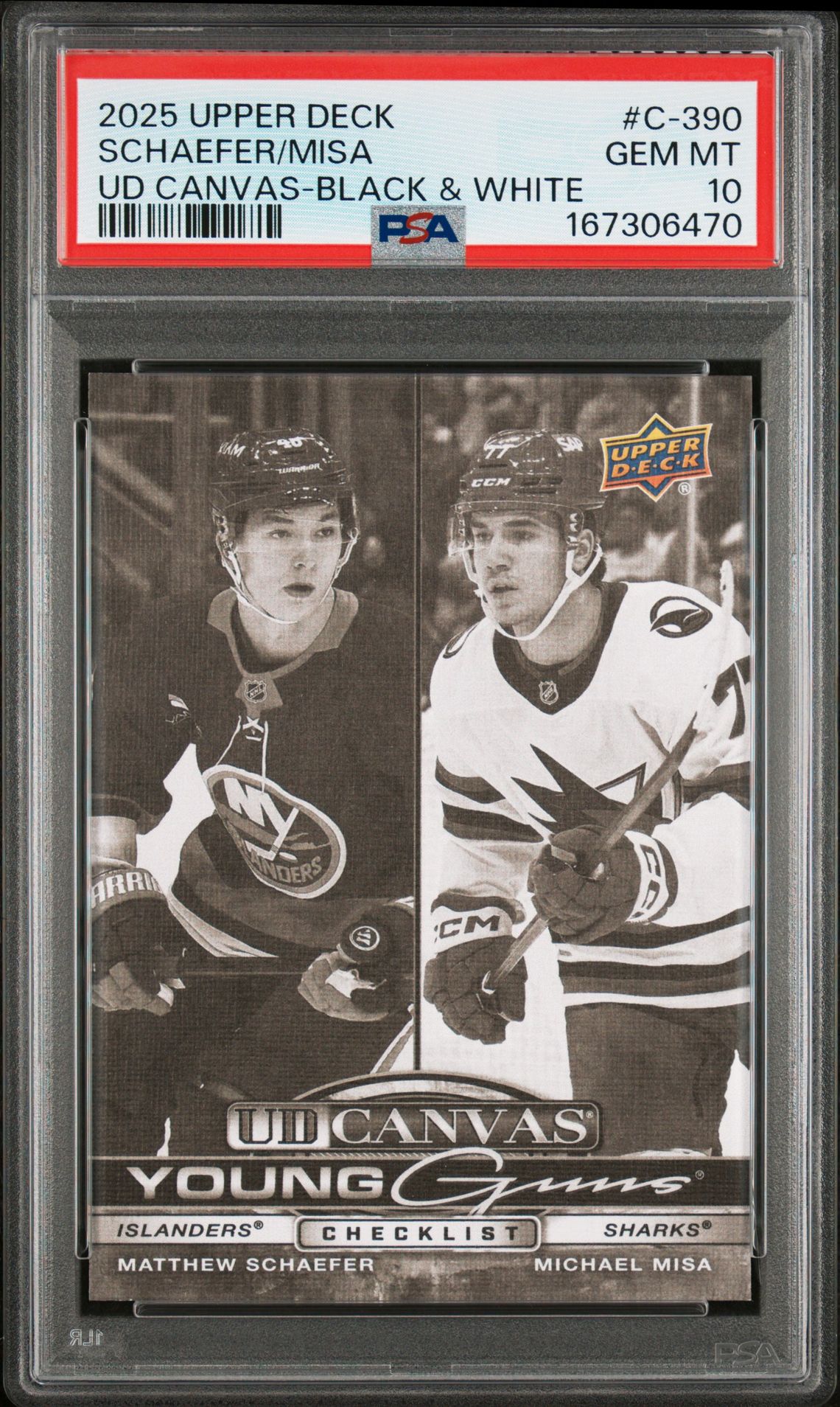2025 Upper Deck Ud Canvas Schaefer/Misa #C-390 (Ud Canvas-Black & White) Gem Mt 10 front view - PSA graded GEM MT 10