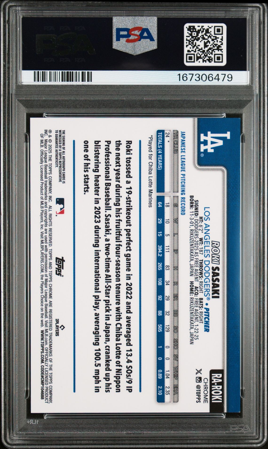 2025 Topps Chrome Rookie Autographs Roki Sasaki #Raroki (Rookie Autograph-Blue Ref) Mint 9 back