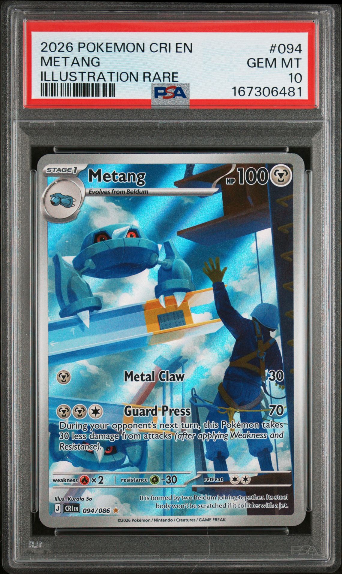 2026 Pokemon Cri En-Chaos Rising Metang #094 (Illustration Rare) Gem Mt 10 front view - PSA graded GEM MT 10