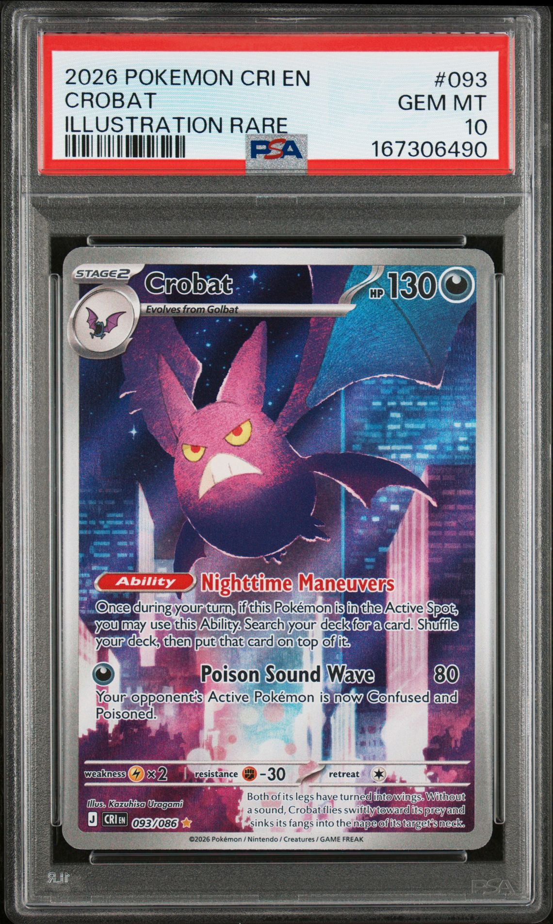 2026 Pokemon Cri En-Chaos Rising Crobat #093 (Illustration Rare) Gem Mt 10 front view - PSA graded GEM MT 10