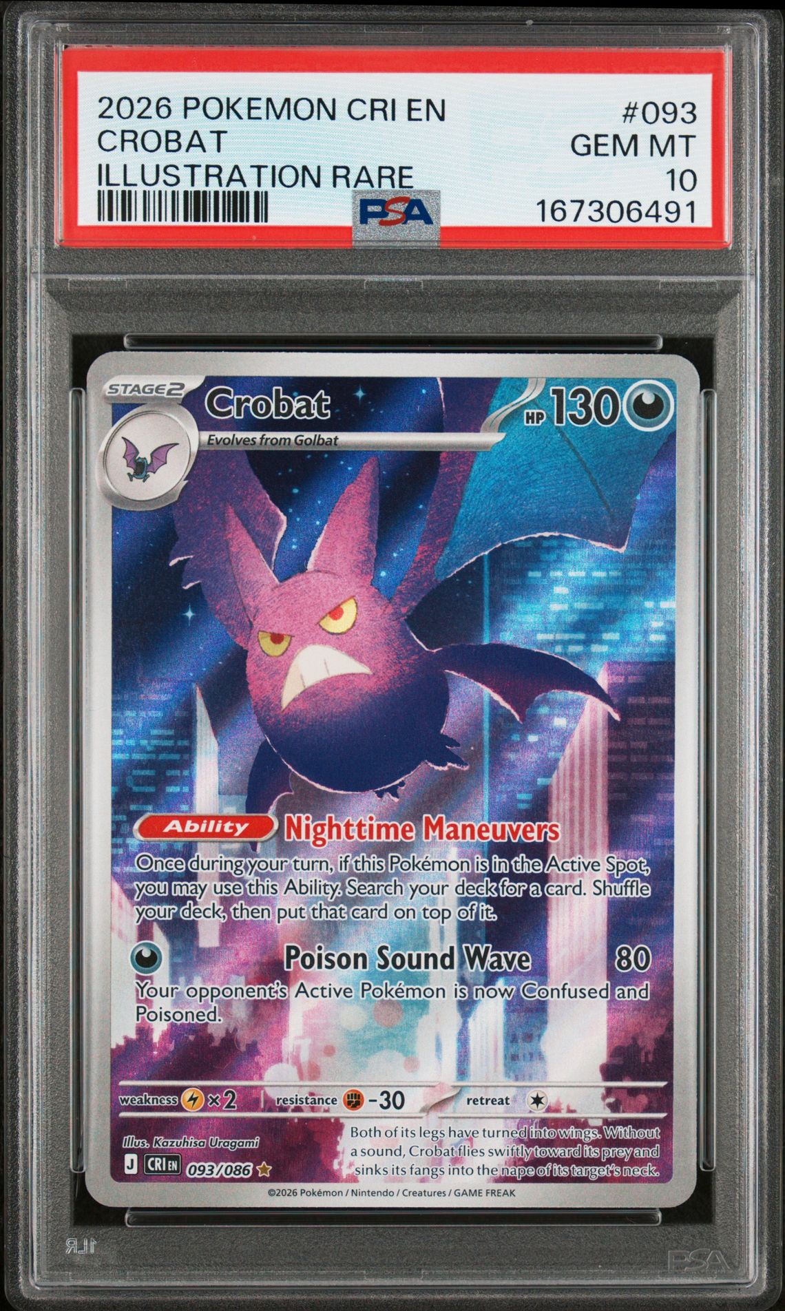 2026 Pokemon Cri En-Chaos Rising Crobat #093 (Illustration Rare) Gem Mt 10 front view - PSA graded GEM MT 10