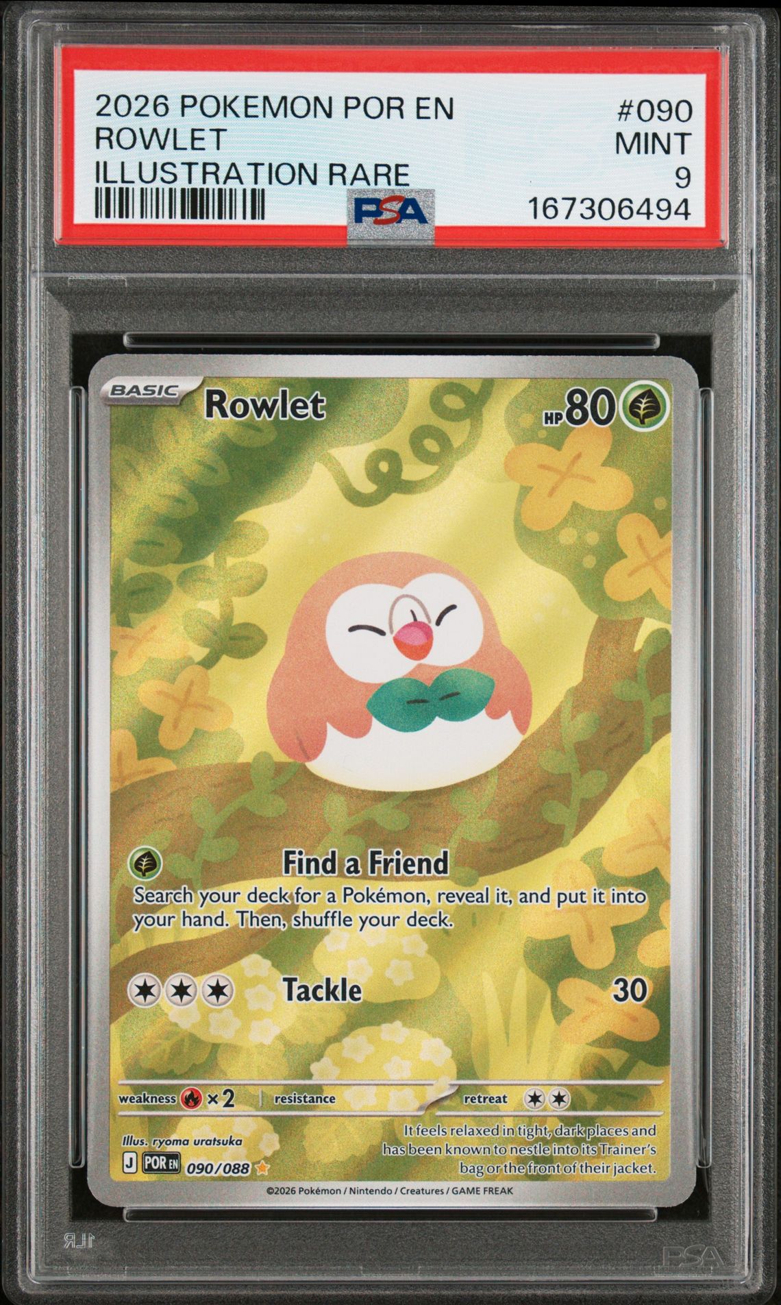 2026 Pokemon Por En-Perfect Order Rowlet #090 (Illustration Rare) Mint 9 front