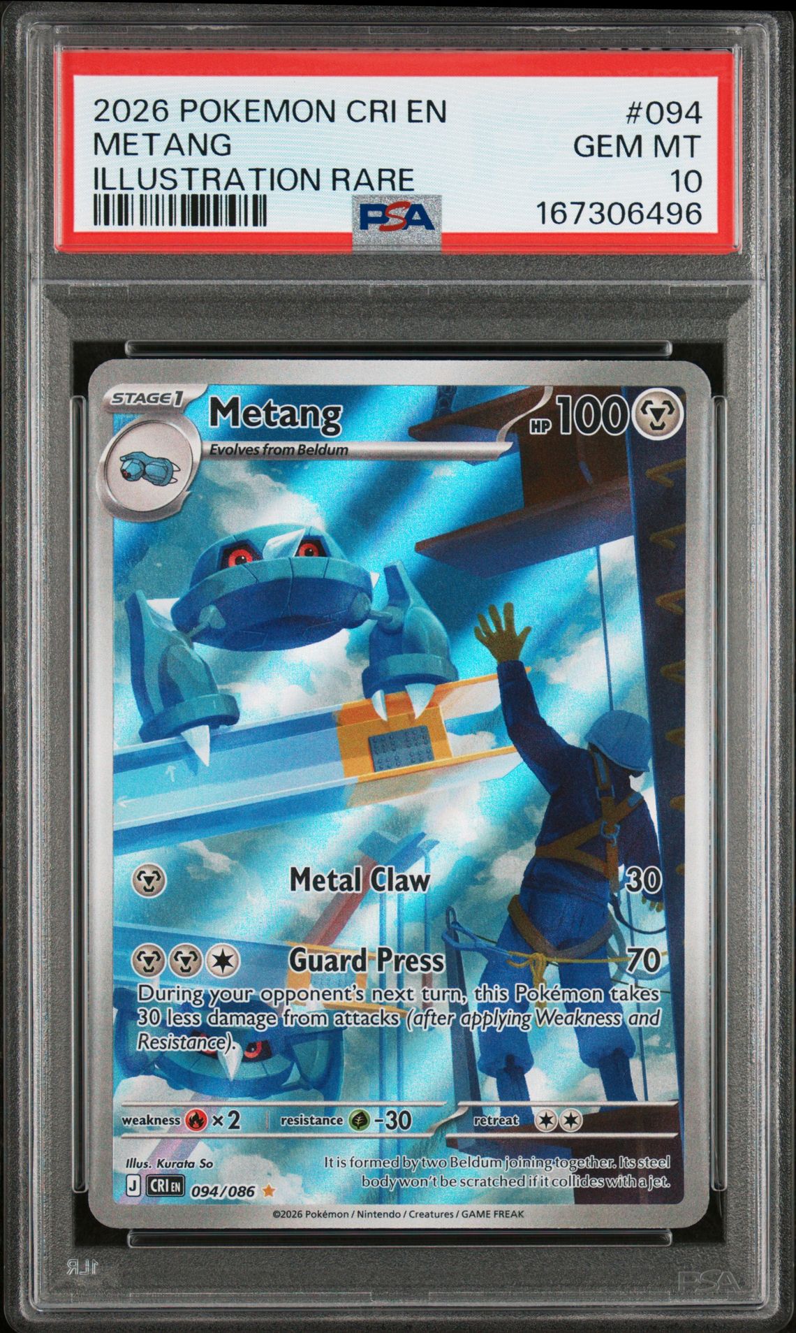2026 Pokemon Cri En-Chaos Rising Metang #094 (Illustration Rare) Gem Mt 10 front view - PSA graded GEM MT 10