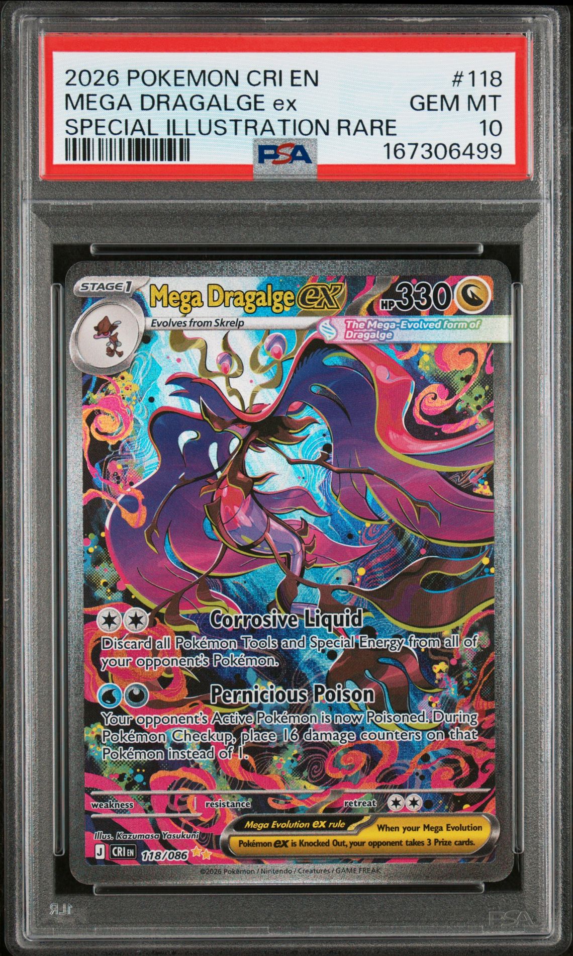 2026 Pokemon Cri En-Chaos Rising Mega Dragalge Ex #118 (Special Illustration Rare) Gem Mt 10 front view - PSA graded GEM MT 10