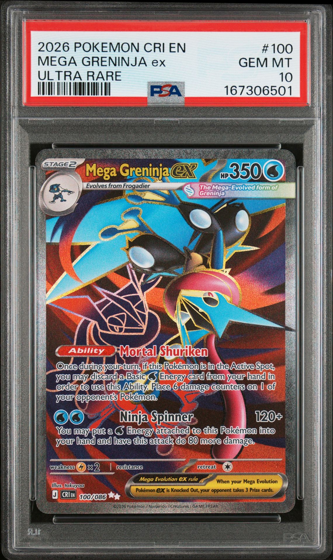 2026 Pokemon Cri En-Chaos Rising Mega Greninja Ex #100 (Ultra Rare) Gem Mt 10 front view - PSA graded GEM MT 10