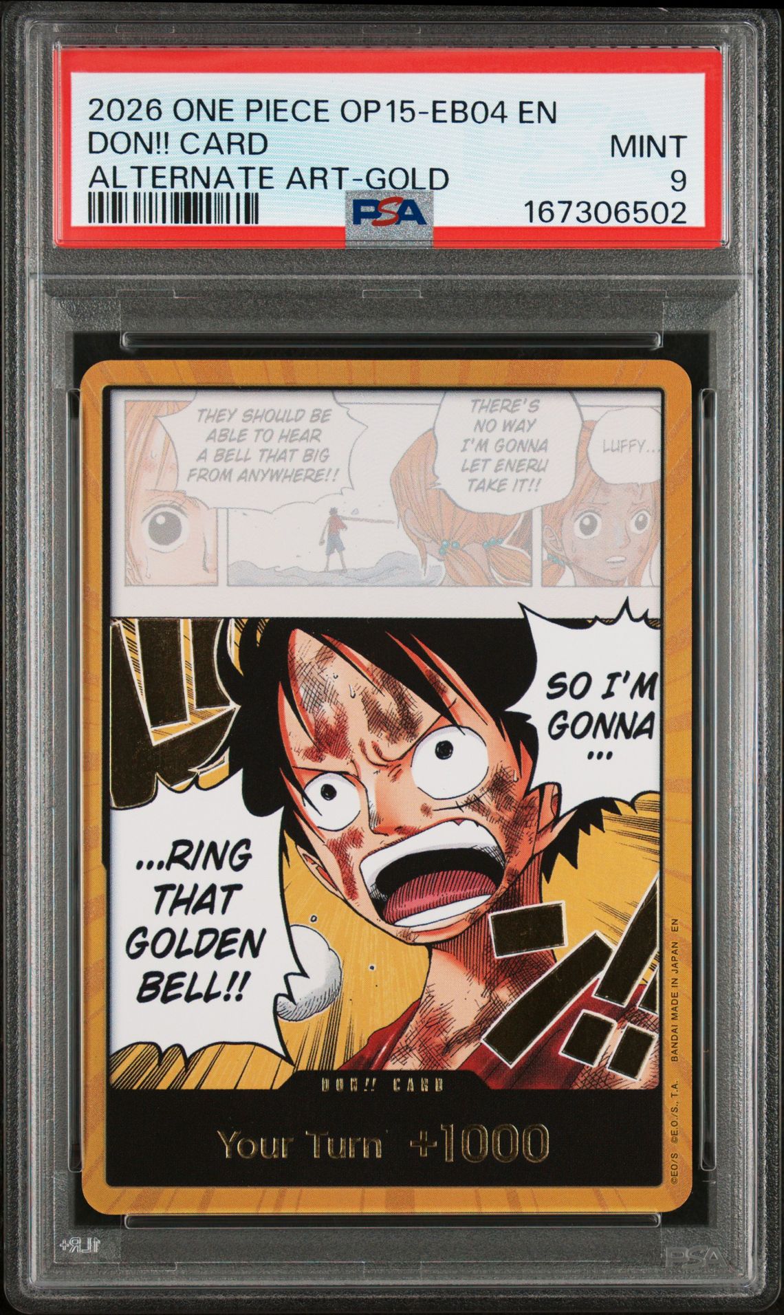 2026 One Piece Op15-Eb04-Adventure On Kami's Island Don!! Card (Alternate Art-Gold) Mint 9 front
