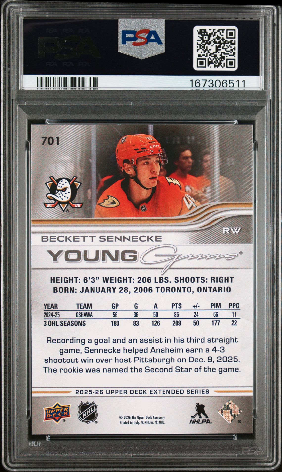 2025 Upper Deck Beckett Sennecke #701 Mint 9 back
