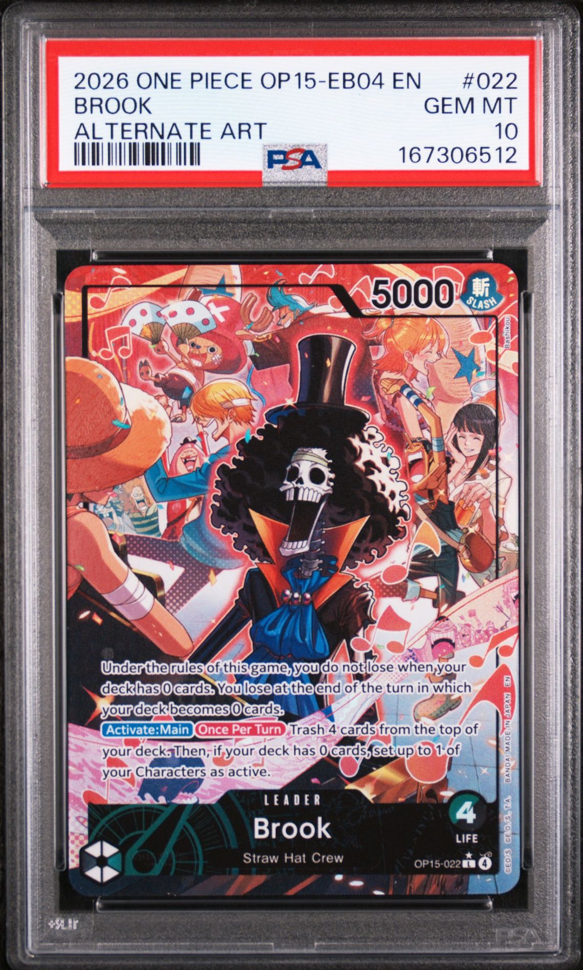 2026 One Piece Op15-Eb04-Adventure On Kami's Island Brook #022 (Alternate Art) Gem Mt 10 front view - PSA graded GEM MT 10