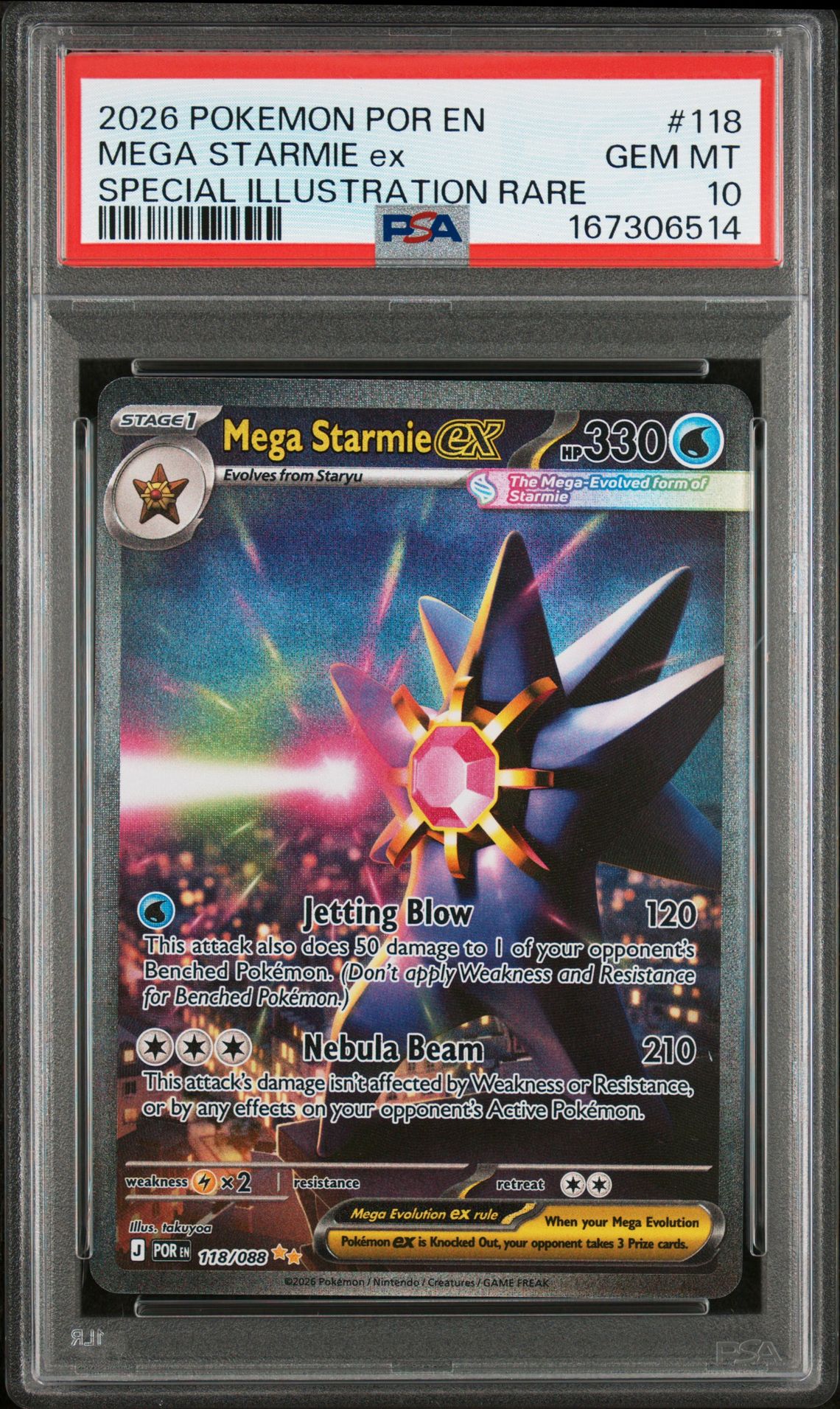 2026 Pokemon Por En-Perfect Order Mega Starmie Ex #118 (Special Illustration Rare) Gem Mt 10 front view - PSA graded GEM MT 10