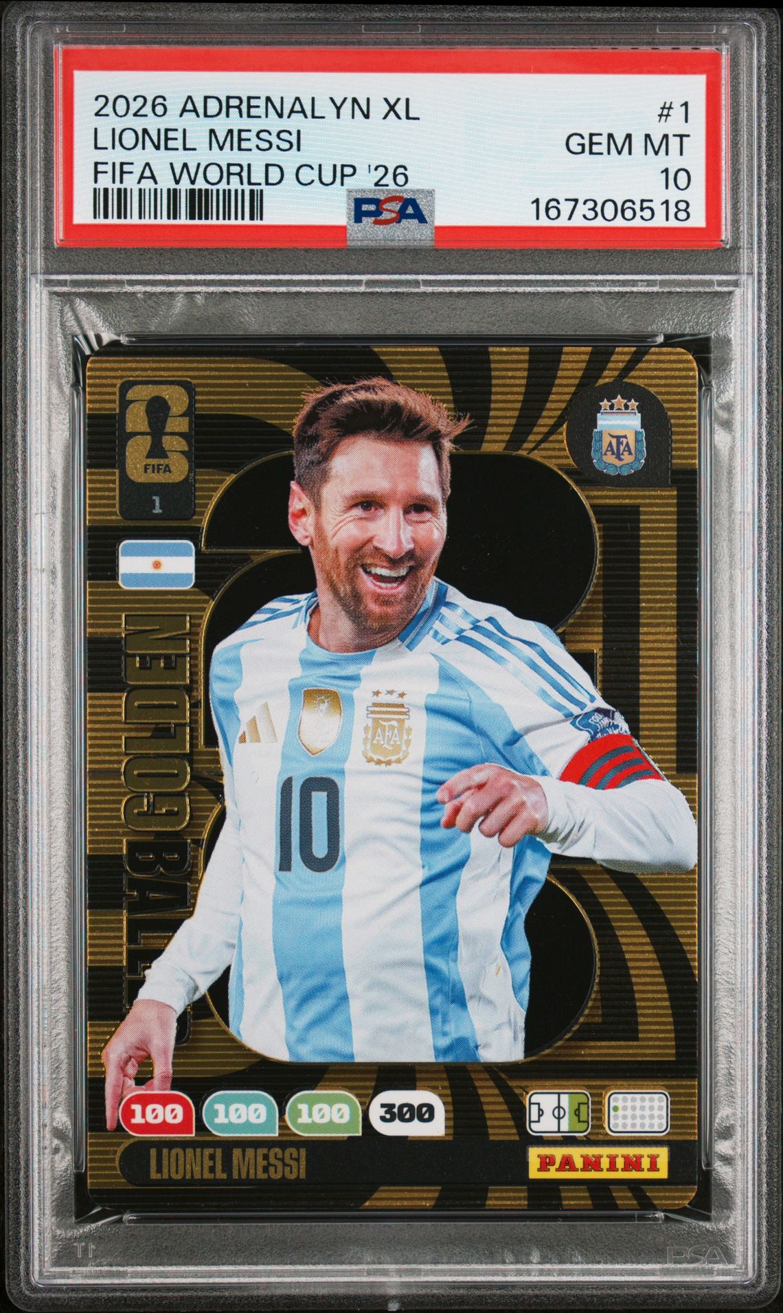 2026 Panini Adrenalyn Xl Fifa World Cup 2026 Lionel Messi #1 Gem Mt 10 front view - PSA graded GEM MT 10