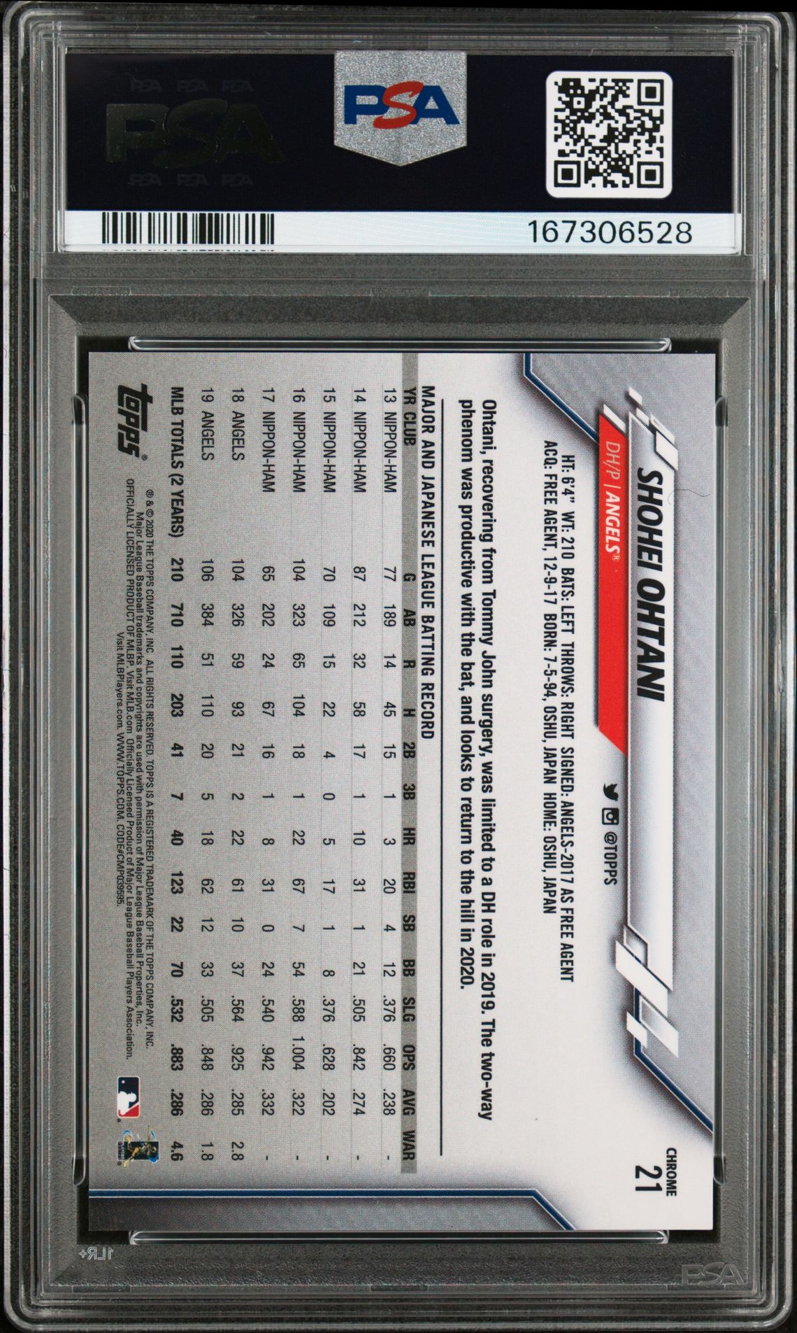 2020 Topps Chrome Shohei Ohtani #21 (Negative Refractor) Mint 9 back