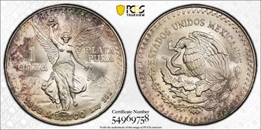 1989-Mo Onza Libertad Ag w/o Dot before 999 MS68