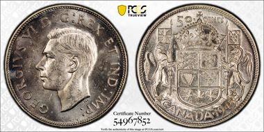 1945 50C Narrow Date, Pointed 5/5 MS64