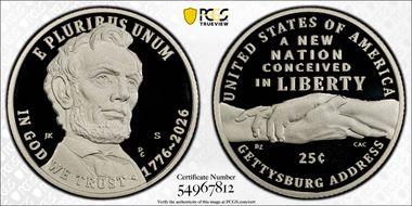2026-S 25C Gettysburg Address Ag PR70DCAM