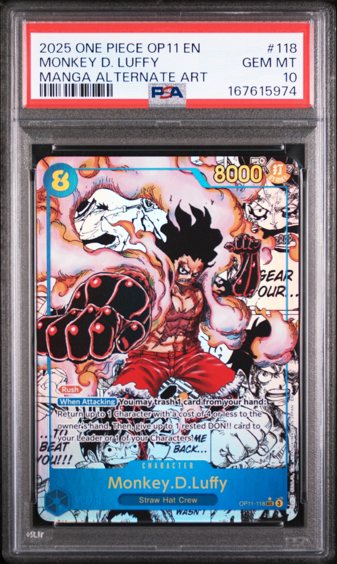 2025 One Piece Op11-A Fist Of Divine Speed Monkey D. Luffy #118 (Manga Alternate Art) Gem Mt 10 front view - PSA graded GEM MT 10