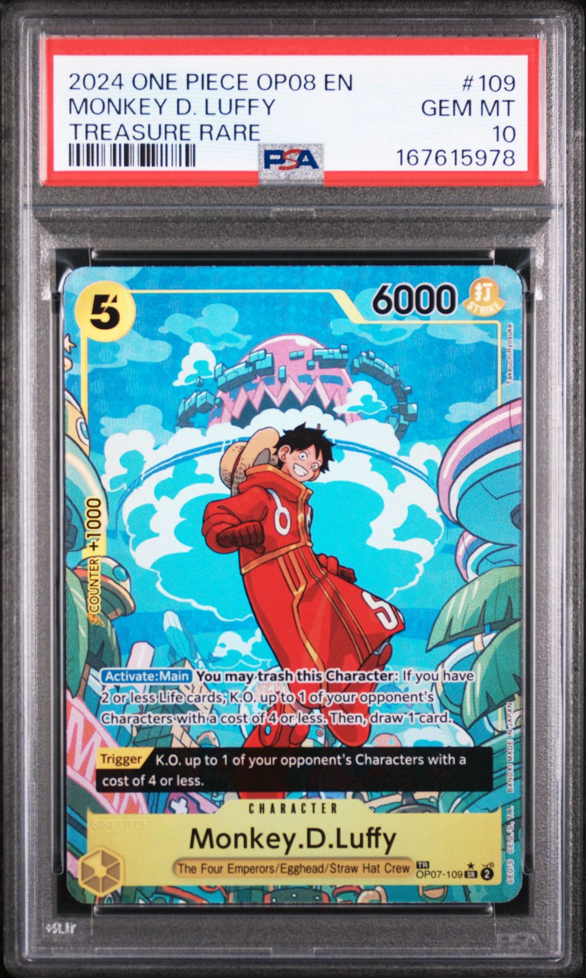 2024 One Piece Op08-Two Legends Monkey D. Luffy #109 (Treasure Rare) Gem Mt 10 front view - PSA graded GEM MT 10