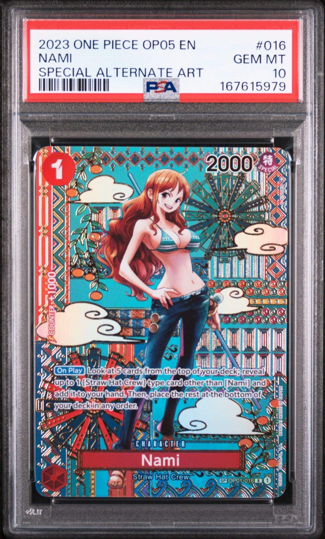 2023 One Piece Op05-Awakening Of The New Era Nami #016 (Special Alternate Art) Gem Mt 10 front view - PSA graded GEM MT 10