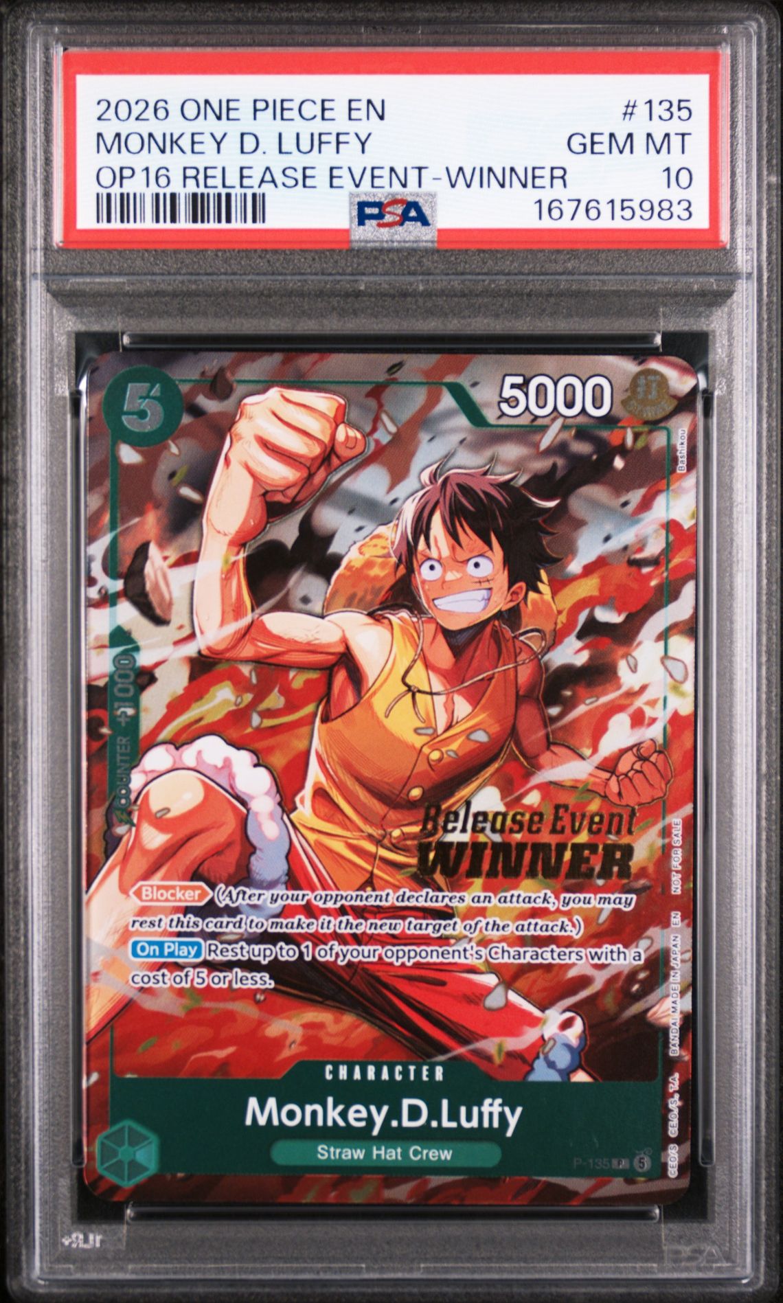 2026 One Piece Promos Monkey D. Luffy #135 (Op16 Release Event-Winner) Gem Mt 10 front view - PSA graded GEM MT 10