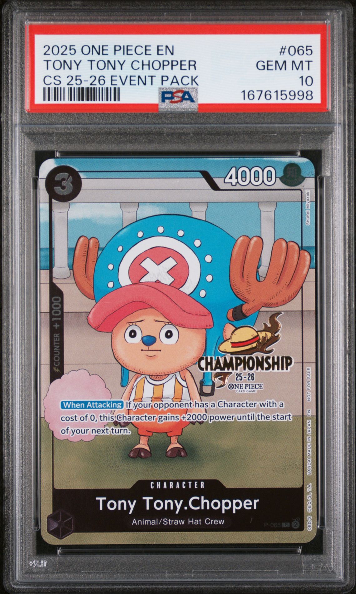 2025 One Piece Championship 2025-26 Event Pack Tony Tony Chopper #065 Gem Mt 10 front view - PSA graded GEM MT 10