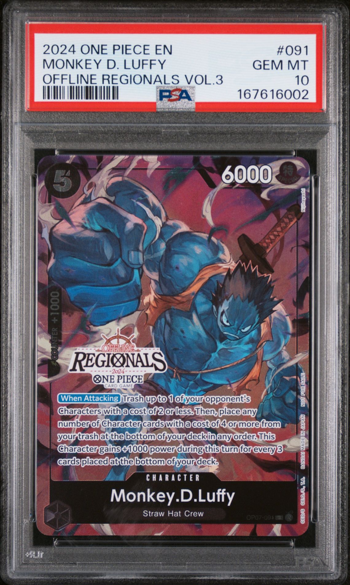 2024 One Piece Offline Regionals Pack 2024 Vol.3 Monkey D. Luffy #091 Gem Mt 10 front view - PSA graded GEM MT 10