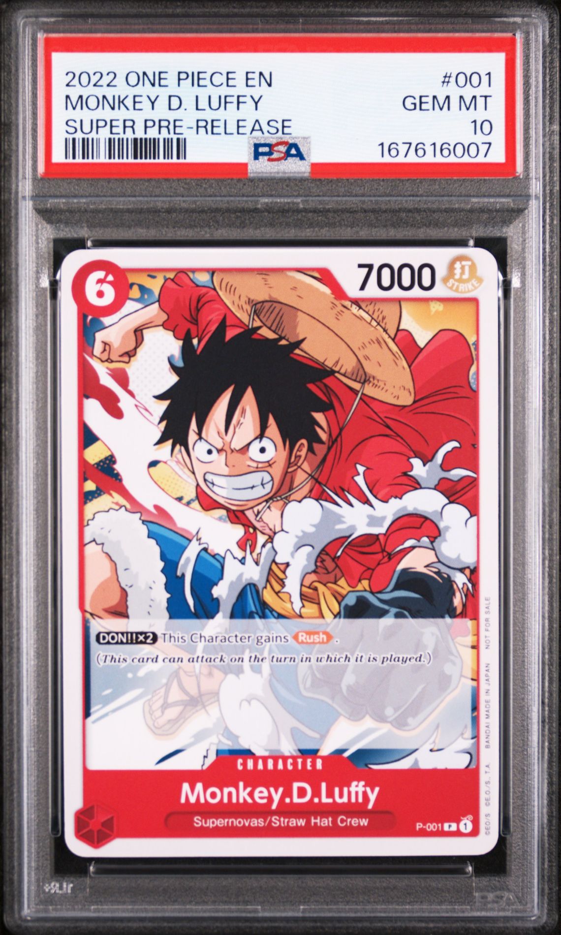 2022 One Piece Promos Monkey D. Luffy #001 (Super Pre-Release) Gem Mt 10 front view - PSA graded GEM MT 10