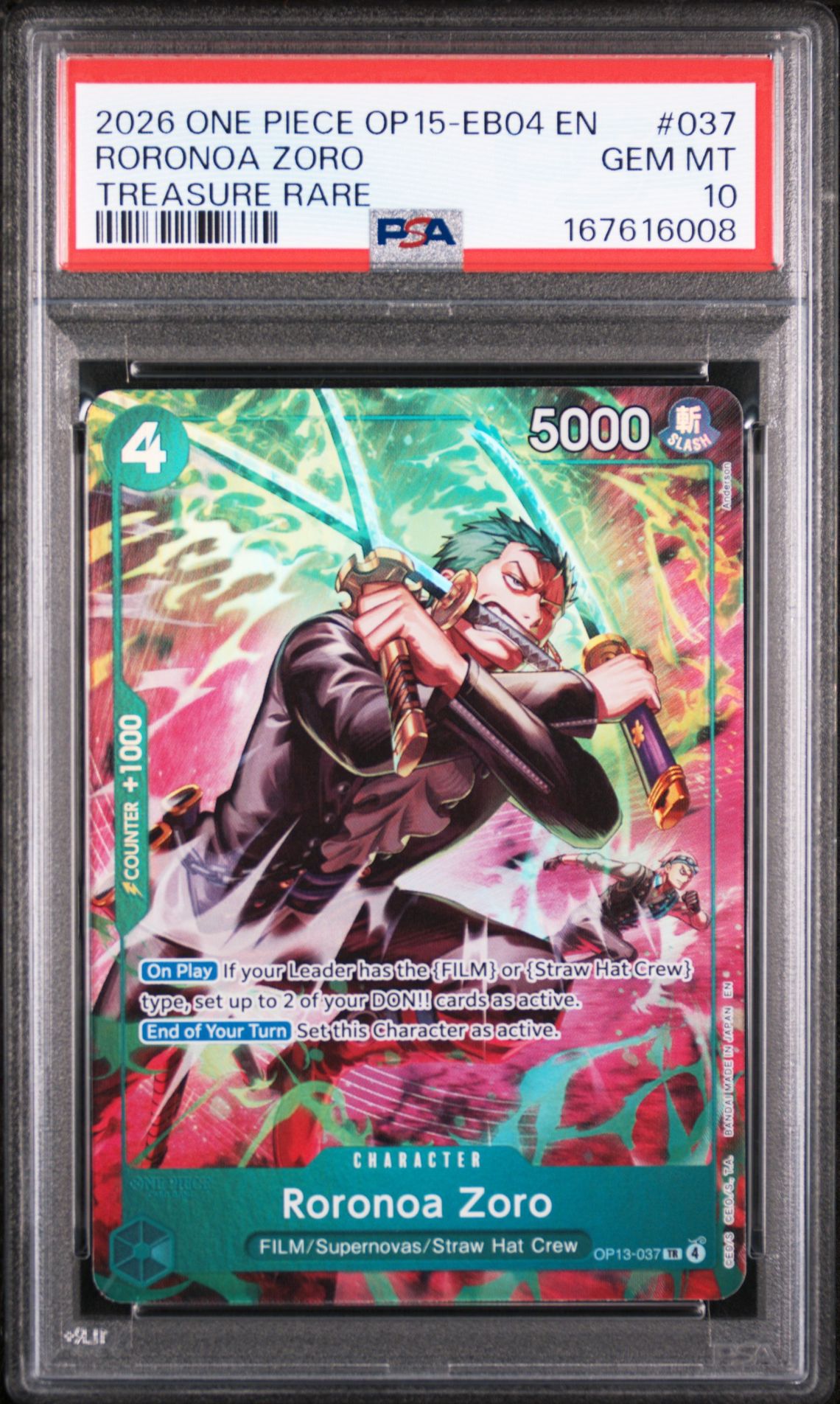 2026 One Piece Op15-Eb04-Adventure On Kami's Island Roronoa Zoro #037 (Treasure Rare) Gem Mt 10 front