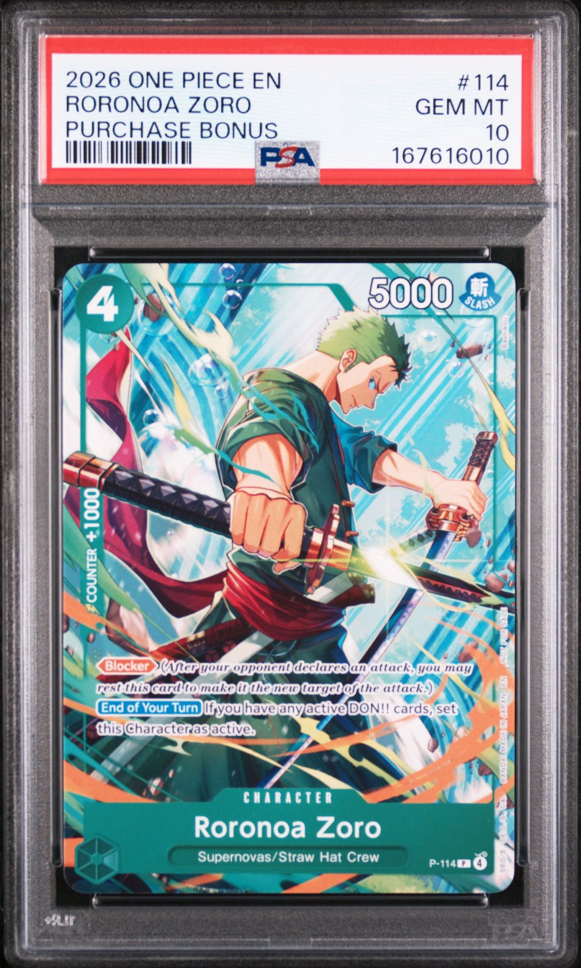 2026 One Piece Promos Roronoa Zoro #114 (Purchase Bonus) Gem Mt 10 front