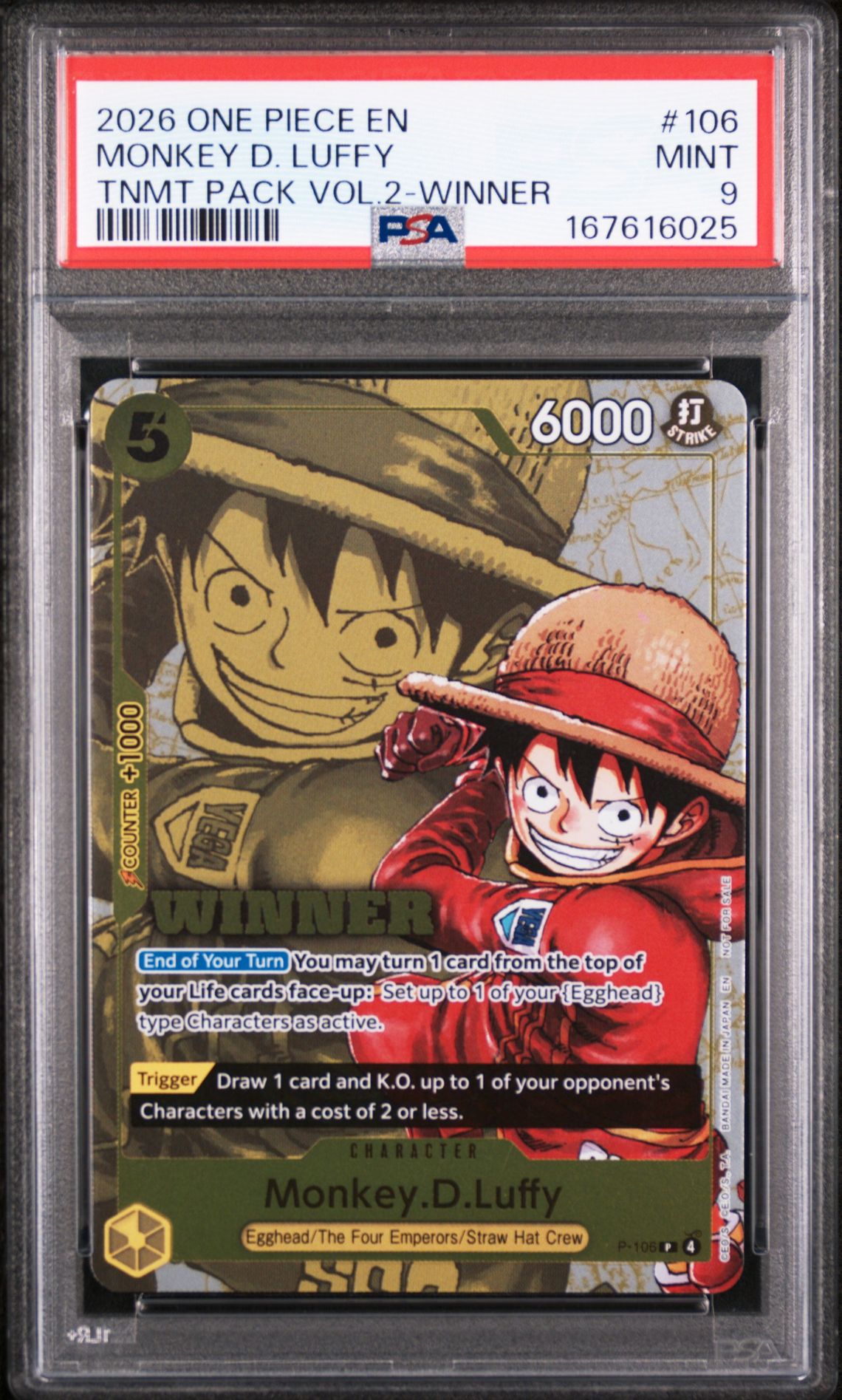 2026 One Piece Tournament Pack Vol.2 Monkey D. Luffy #106 (Tnmt Pack Vol.2-Winner) Mint 9 front