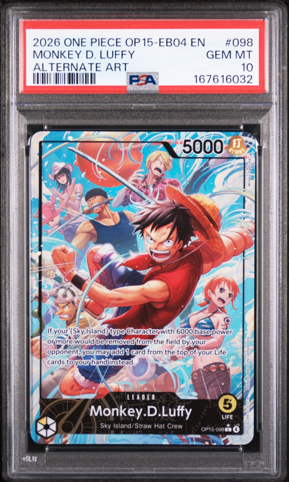 2026 One Piece Op15-Eb04-Adventure On Kami's Island Monkey D. Luffy #098 (Alternate Art) Gem Mt 10 front view - PSA graded GEM MT 10