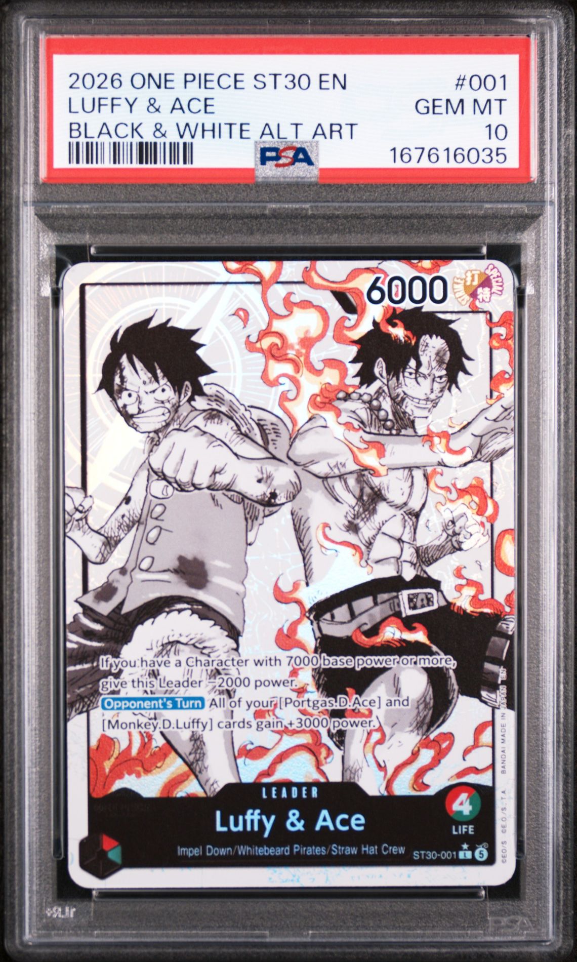 2026 One Piece St30-Starter Deck Ex Luffy & Ace Luffy & Ace #001 (Black & White Alt Art) Gem Mt 10 front